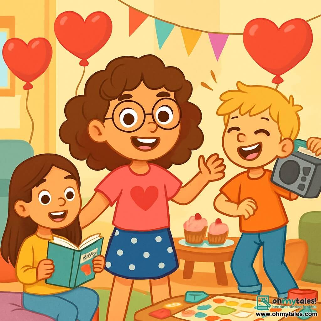 A 12-year-old girl, Ruby, with curly brown hair and round glasses, smiles joyfully, her eyes sparkling with excitement. She wears a bright pink t-shirt with a heart design and a polka dot skirt. Ruby is surrounded by her friends in a living room decorated for Valentine's Day, with heart-shaped balloons floating from the ceiling and colorful garlands hanging on the walls. Next to her, Benny, a 12-year-old boy with messy blonde hair, holds a boombox and dances energetically, a big smile on his face. Naomi, a 12-year-old girl with long, smooth hair, sits on the floor reading a poem aloud from an open poetry notebook, her eyes shining with enthusiasm. The warm living room has colorful cushions scattered on the floor, a table filled with cupcakes topped with pink frosting, and board games in disarray around them. The main scene shows Ruby and her friends enjoying a Valentine's Day party, laughing and playing together, surrounded by festive decorations, creating a joyful and friendly atmosphere.