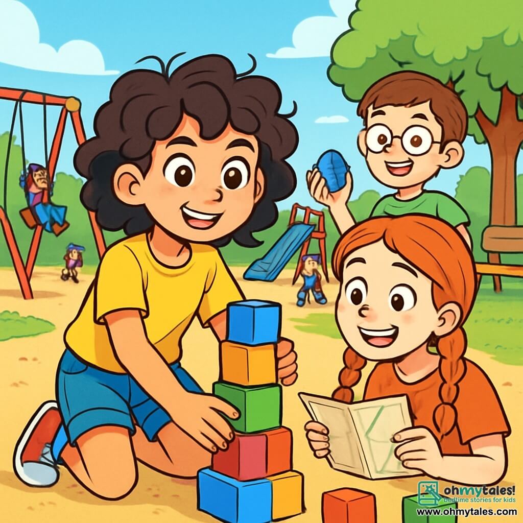 A 12-year-old girl, Sophie, stands at the center of the scene, with curly, tousled hair, wearing a bright yellow t-shirt and denim shorts. Her face expresses joyful determination, her eyes shining with curiosity and excitement. Next to her, Mia, a 12-year-old girl with red braids, smiles widely, holding a map in her hands, ready to help her. In the background, Ethan, a 12-year-old boy with glasses and brown hair, watches the group with an enthusiastic look, holding building blocks.

The setting is a vibrant playground filled with colors: red swings, a blue slide, and a large tree with bright green foliage, under which there is a wooden bench. Children play and laugh around them, creating a joyful and lively atmosphere.

The main situation shows Sophie and her friends building a tower with blocks, focused and collaborating together. Sophie, though slightly hesitant, uses her hands to stabilize the base of the tower, while Mia and Ethan enthusiastically add blocks, illustrating teamwork and creativity.