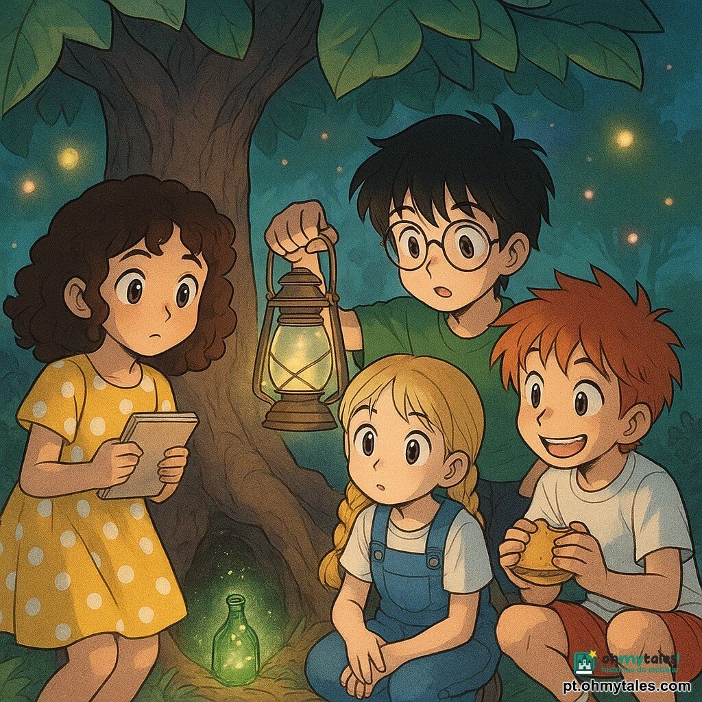 Há 4 crianças: - Maya, uma menina de 10 anos, tem cabelos castanhos cacheados e usa um vestido amarelo com bolinhas brancas. Ela segura um caderno de notas e está à esquerda da imagem, observando atentamente. - Tomé, um menino de 11 anos, tem cabelos pretos bagunçados e óculos redondos. Ele veste uma camiseta verde e segura uma lanterna antiga. Está à direita de Maya, olhando para a luz. - Inês, uma menina de 10 anos, tem cabelos loiros presos em duas tranças e usa um macacão azul. Está sentada no chão, ao lado de Tomé, ouvindo atentamente. - Rafa, um menino de 9 anos, tem cabelos ruivos despenteados e um sorriso travesso. Ele veste um short vermelho e uma camiseta branca. Está agachado na frente dos outros, segurando um sanduíche. O local é um parque encantador com uma grande figueira de folhas largas e brilhantes. O tronco da árvore é oco, servindo de esconderijo secreto. Luzes suaves e coloridas flutuam ao redor, criando uma atmosfera mágica. A situação principal mostra as crianças descobrindo uma pequena garrafa de vidro verde brilhante entre as raízes da figueira. A garrafa emite um brilho misterioso e parece sussurrar segredos. As crianças estão fascinadas e curiosas, iluminadas pela suave luz da lanterna de Tomé.