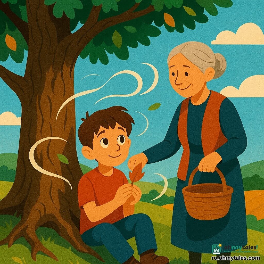 Un băiat de 10 ani, cu ochi mari şi curioşi, păr brun zburlit şi zâmbet timid, stă sub un stejar măreţ, ţinând o frunză care dansează între mâini; lângă el, uşoară spre dreapta, o femeie bătrână de circa 70 de ani, fragilă, cu părul gri prins în coc şi un coş de nuiele, zâmbeşte recunoscătoare în timp ce băiatul o ajută; stejarul, cu trunchi aspru şi rădăcini vizibile, ocupă partea stângă a imaginii, iar fundalul e un vârf de deal cu câmpuri unduitoare, cer albastru pal şi lumină aurie de dimineaţă; vântul e sugerat prin panglici translucide albe care se învârt în jurul personajelor şi al frunzelor, iar paleta caldă, blocurile de culoare plate, texturi uşoare şi forme rotunjite dau un aer copilăros şi poetic.