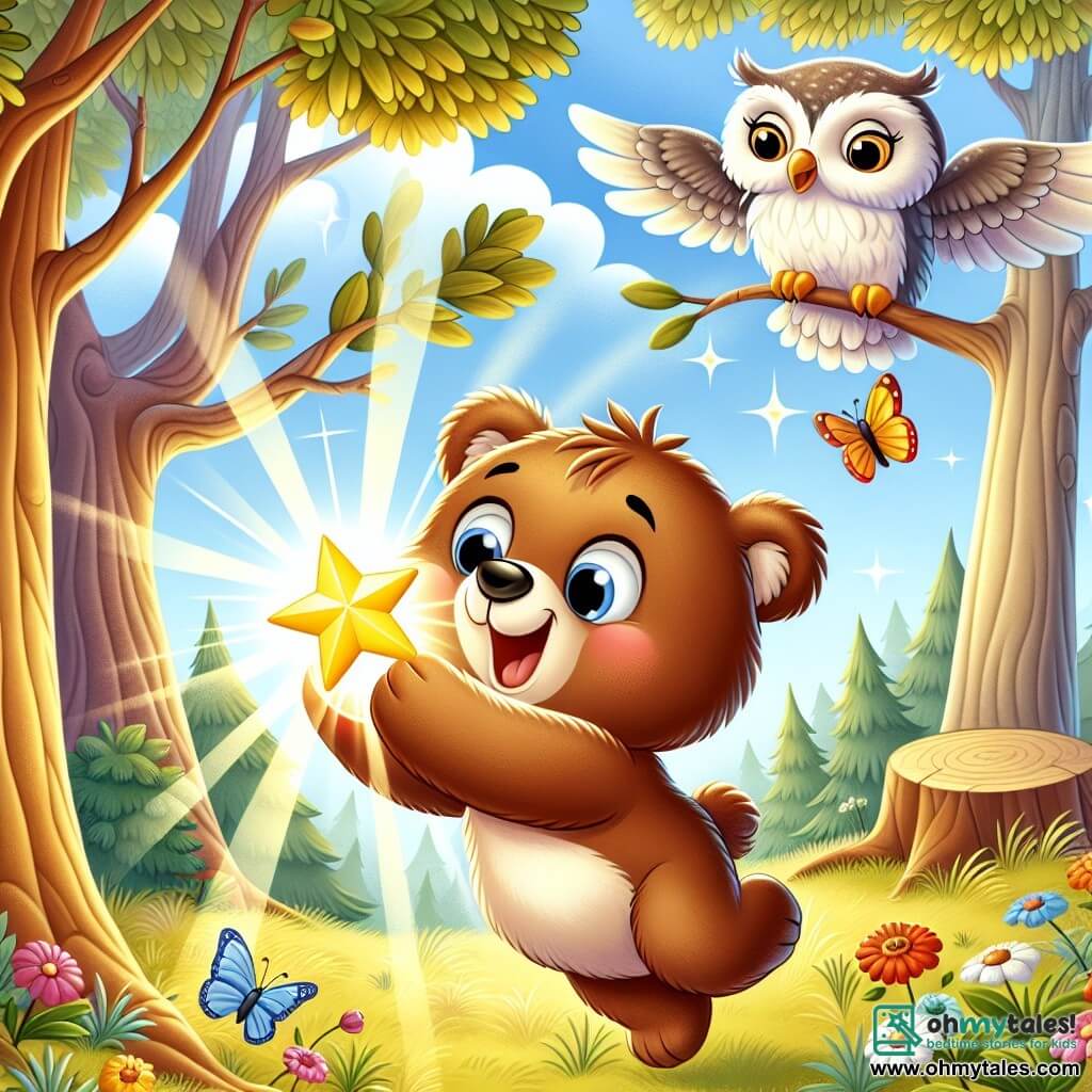 An illustration depicts a small brown bear with soft fur and bright eyes, expressing great joy and excitement. It jumps happily, holding a sparkling star in its paws. In the sky, a wise owl with white and gray feathers perches on a branch, observing the scene with a benevolent gaze and a slight smile, appearing proud to guide the little bear on its adventure. The setting is a sunny clearing surrounded by tall trees with sturdy trunks and gently falling golden leaves. Colorful flowers dot the green grass, and a soft beam of light illuminates the shining star. The main scene shows the little bear discovering the magical star in the clearing, surrounded by an atmosphere of joy and wonder. Vibrant butterflies flutter around it, adding a touch of magic to the image, while sunlight filters through the branches, creating a sparkling effect on the star.