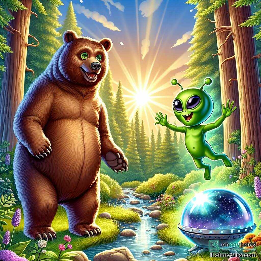 Bruno, un grande orso bruno con occhi scintillanti di curiosità, è in piedi sulle zampe posteriori con un sorriso meravigliato. È circondato da foglie verdi e fiori colorati mentre osserva affascinato una piccola astronave brillante, rotonda e scintillante, appena atterrata. Zoggy, un extraterrestre verde con grandi occhi rotondi e un sorriso amichevole, esce dall'astronave. È alto come un bambino, con pelle liscia e antenne in piedi gioiosamente. Zoggy mostra un'espressione di eccitazione, agitando le braccia in segno di benvenuto. La scena si svolge in una foresta lussureggiante, illuminata dalla luce dorata del sole al tramonto, con alberi maestosi e un ruscello scintillante nelle vicinanze. Bruno e Zoggy si incontrano per la prima volta, meravigliati dalla presenza dell'altro, creando un momento magico di amicizia intergalattica.