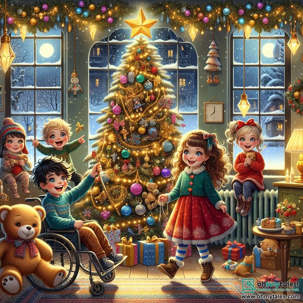 In a magical Christmas scene, we see four joyful children. Mia, an 8-year-old girl with curly brown hair and sparkling blue eyes, stands in the center, holding a large teddy bear with a big smile on her face. Leo, a 9-year-old boy with black hair and a big grin, is sitting in his wheelchair to the left of Mia, his eyes shining with excitement as he points to a decorated tree. Lucy, a 7-year-old girl with blonde pigtails and a red dress, stands to the right of Mia, jumping for joy while holding a plate of decorated cookies. Finally, Max, an 8-year-old boy with brown hair and a green sweater, is crouched near a large tree, placing a sparkling star on top. The setting is a warm orphanage room filled with twinkling lights and colorful decorations, with a large Christmas tree adorned with golden garlands and shiny ornaments at the center, while snowflakes gently fall outside through a window. The main scene shows the children celebrating together, sharing laughter and joy while preparing cookies for neighbors, illustrating the spirit of Christmas and the magic of friendship.