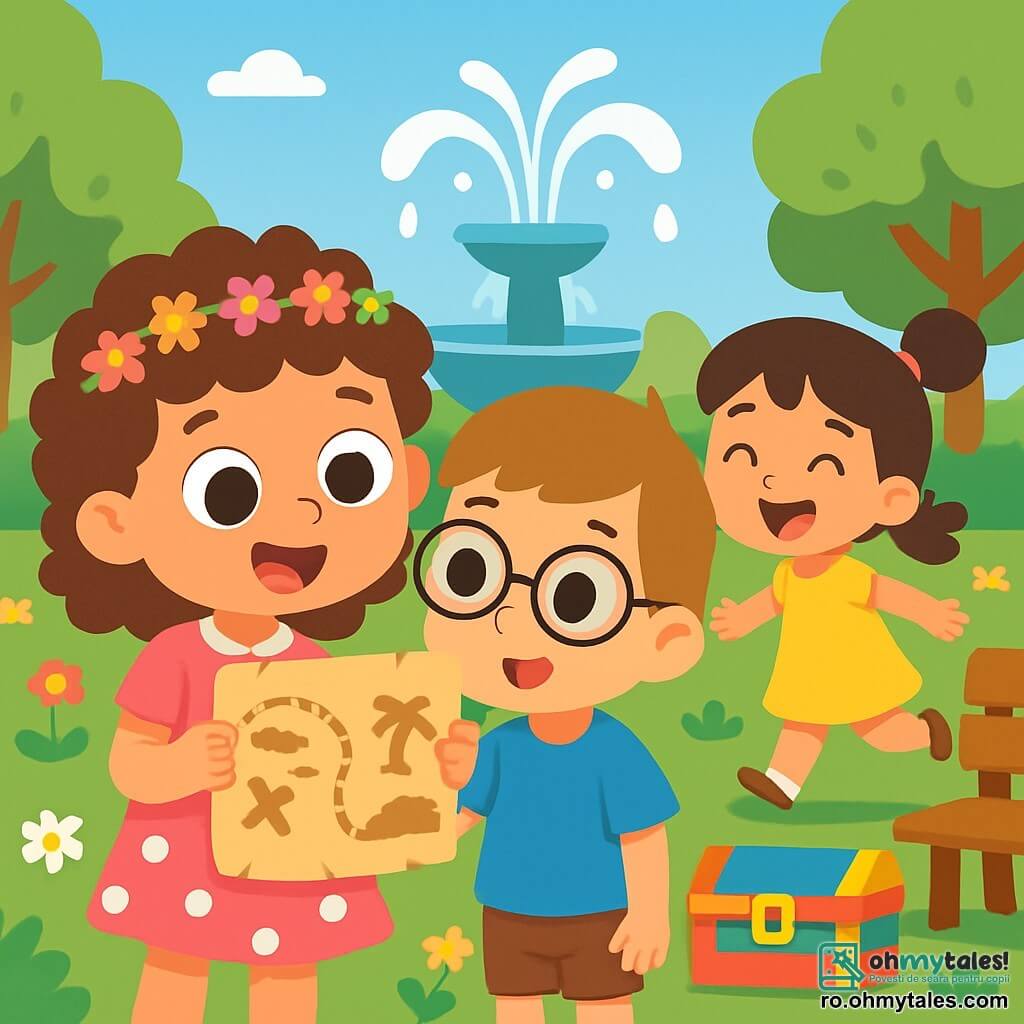 O fetiță de 4 ani, cu ochi mari și strălucitori și păr creț, poartă o rochie roz cu buline albe și o mică coroană de flori. Ea zâmbește cu uimire, ținând o hartă a comorii în mâini. Lângă ea, un băiețel de 4 ani, cu ochelari rotunzi și cămașă albastră, se uită la hartă cu curiozitate, obrașii lui fiind roșii de entuziasm. Un alt personaj, o fetiță de 4 ani cu codițe și rochie galbenă, se apropie sărind, cu un zâmbet mare pe față. Scena se desfășoară într-un parc însorit, plin de flori colorate și copaci verzi. În centru, o fântână arteziană stropeste ușor, creând o atmosferă veselă. Copiii stau aproape de fântână, înconjurați de râsete și lumină. Cei mici aventurieri descoperă o cutie colorată ascunsă sub o bancă, plină de surprize și indicii pentru căutarea lor. Ei sunt nerăbdători și plini de energie, gata să exploreze și să rezolve misterul împreună.