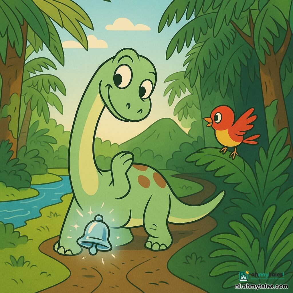 Een diplodocus genaamd Dipo, nieuwsgierig en vrolijk, met een lange kronkelige nek, pastelgroene huid met zachte bruine vlekken, grote glanzende ronde ogen en een guitige glimlach, het hoofd scheef en een voorpoot opgeheven om te luisteren; een klein zilverblauw lichtbolletje met fijne vonkjes zweeft boven het pad en rinkelt; een klein rond rood-geel vogeltje zit op een varen rechts van Dipo en kijkt naar het bolletje terwijl het zachtjes met de vleugels slaat; plaats: een prehistorisch bos met reuzenvarens, met mos bedekte stammen, een groen korstje van korstmossen, een glinsterende rivier links en een afgeronde vulkanische heuvel op de achtergrond met warme zonnestralen tussen brede bladeren; scène: Dipo staat op een kruising van drie modderige paden, vol verwondering gericht op het lichtbolletje en twijfelt tussen het pad langs de rivier, de klim naar de heuvel of het donkere pad tussen de reuzenvarens.