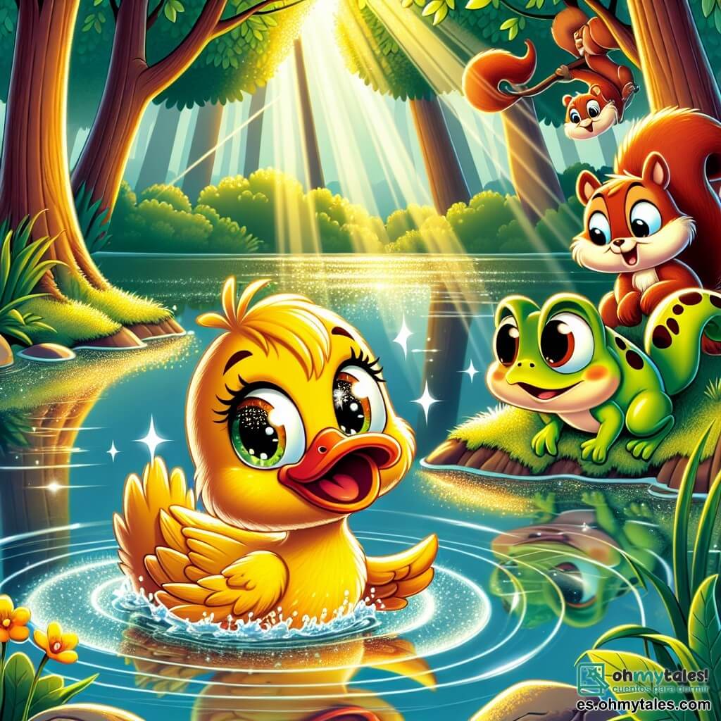 Un pequeño pato llamado Lucas, con plumas amarillas brillantes y ojos llenos de curiosidad, nada alegremente en un lago resplandeciente, salpicando agua con sus patas palmeadas. Cerca, Bella, una ardilla roja con una cola en forma de penacho, trepa por una rama de árbol, observando a Lucas con una sonrisa traviesa, lista para ayudarlo en su aventura. Tim, un viejo sapo verde con manchas marrones, está sentado en una piedra al borde del lago, croando alegremente y mirando a los dos amigos con benevolencia. El lago está rodeado de grandes árboles con hojas verdes vibrantes, y los rayos de sol filtran a través de las ramas, creando reflejos dorados en el agua. La escena muestra a Lucas descubriendo una sombra misteriosa bajo el agua, con una mirada maravillada, mientras sus amigos lo animan a explorar este misterio juntos.