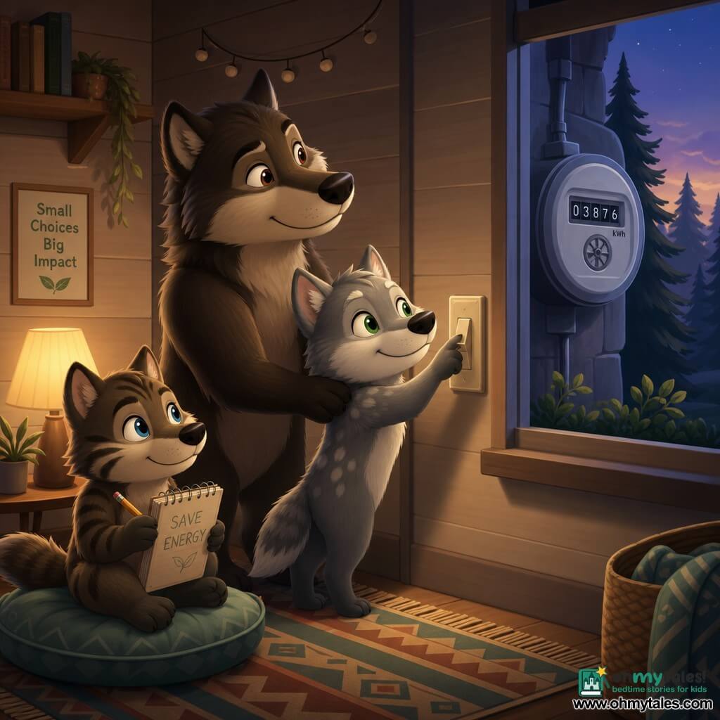 Flick, a small anthropomorphic gray wolf with white patches and bright green eyes, stands on tiptoe smiling and determined as he switches off a large wall switch, warm indoor light fading into soft shadows; Papa Wolf, tall and reassuring with dark brown fur and a proud, gentle expression, leans behind Flick with a paw on his shoulder while looking at the electric meter visible through the window; Patch, the younger mischievous brother with striped fur and wide curious eyes, sits on a cushion by a lamp holding a notebook and pencil and watching; cozy wooden living room with light-planked walls, geometric woven rug, string lights dark, and a large window showing a pine wood at dusk and the outdoor electric meter with turning numbers; an illustrative, encouraging scene centered on Flick’s energy-saving gesture, muted warm interior colors contrasting with a bluish-purple sky outside.