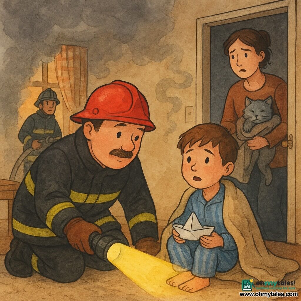 A calm, round-faced firefighter in his 40s with a soft mustache, shiny red helmet and soot-smudged heavy jacket kneels and crawls on hands and knees, shining a wide yellow flashlight beam on the floor as he reassures a relieved-looking 6-year-old boy with short chestnut hair in blue striped pajamas, wrapped in a beige blanket and holding a small white paper boat; the tired but grateful mother, about 35 with her hair tied, stands at the living-room door ready to leave while holding a tangled gray cat; a younger firefighter, about 28, stands in the background near the entrance holding a coiled hose and supporting the door; the low, warm living room has a wrinkled beige rug, small wooden table and a partially open checkered curtain window letting out wisps of gray smoke and orange light, creating a quiet, intimate rescue scene with the vivid red helmet contrasting the room’s gray-beige tones.