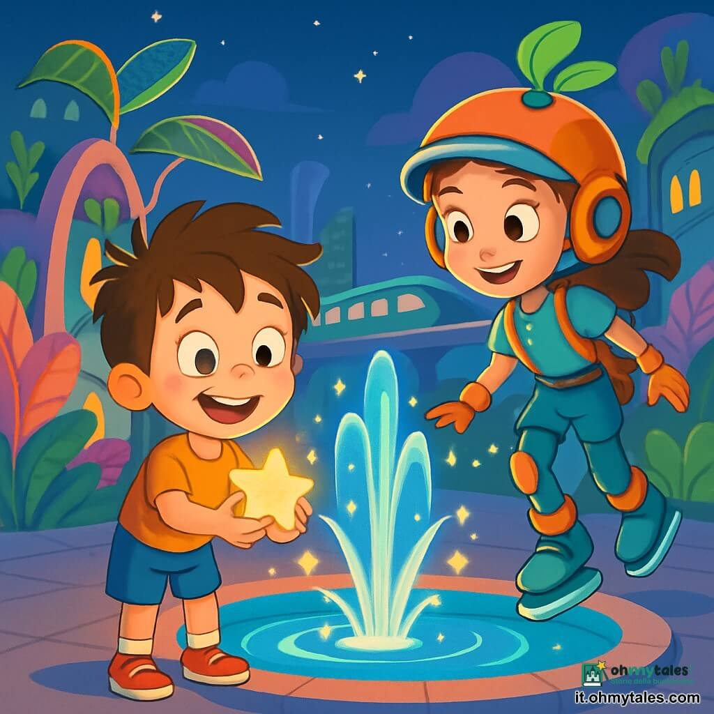 Un ragazzo di 6 anni, Tommy, con i capelli castani disordinati e grandi occhi scintillanti, si trova accanto a una fontana luminosa. Il suo volto esprime gioia ed eccitazione mentre tiene in mano una piccola stella brillante. Accanto a lui, Lina, una ragazza di 10 anni con un casco decorato da una pianta verde, scivola sui suoi pattini magnetici. Sorride e guarda Tommy con benevolenza, pronta ad aiutarlo. Il luogo è una città futuristica, con edifici dalle forme organiche, coperti di piante colorate e pannelli solari a forma di foglia. Tram silenziosi fluttuano nell'aria e luci scintillanti danzano intorno alla fontana, creando un'atmosfera magica. La scena principale mostra Tommy, meravigliato, mentre recupera la sua piccola stella brillante che stava per cadere nell'acqua della fontana, con colori vivaci e luci brillanti che aggiungono un tocco di magia a questa avventura di amicizia.