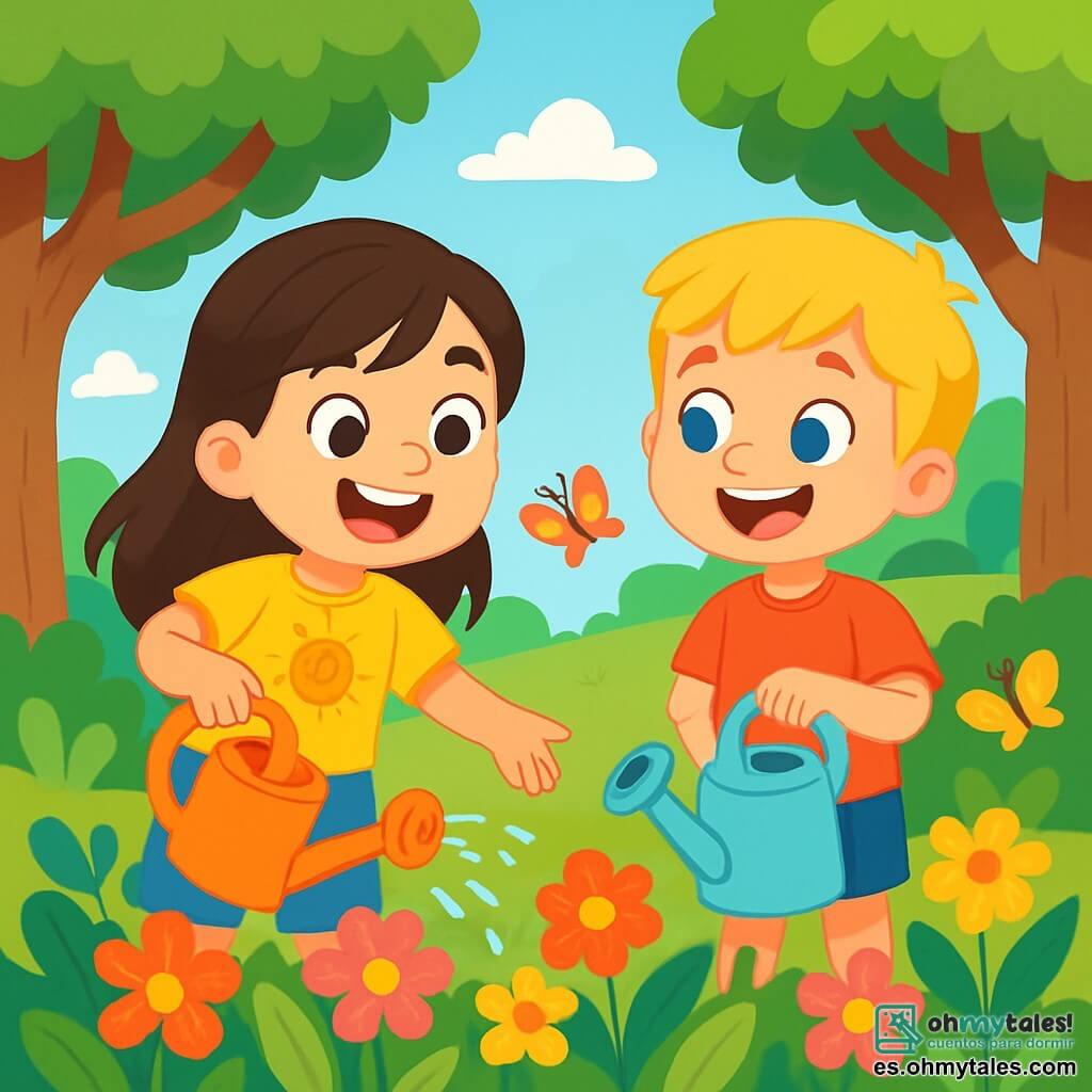 Una niña de 6 años, llamada María, con largos cabellos castaños y ojos brillantes, sonríe alegremente mientras riega flores coloridas en un jardín. Lleva una camiseta amarilla con un sol sonriente y un short de denim, y su rostro expresa gran emoción. A su lado, Lucas, un niño de 6 años con cabello rubio y ojos azules, ríe sosteniendo una regadera, listo para ayudarla. Ambos están en medio de un jardín exuberante, lleno de flores vibrantes, mariposas de colores y árboles majestuosos que ofrecen sombra. La escena principal muestra a María y Lucas divirtiéndose al regar las plantas, rodeados de la belleza de la naturaleza, compartiendo risas y momentos de amistad.