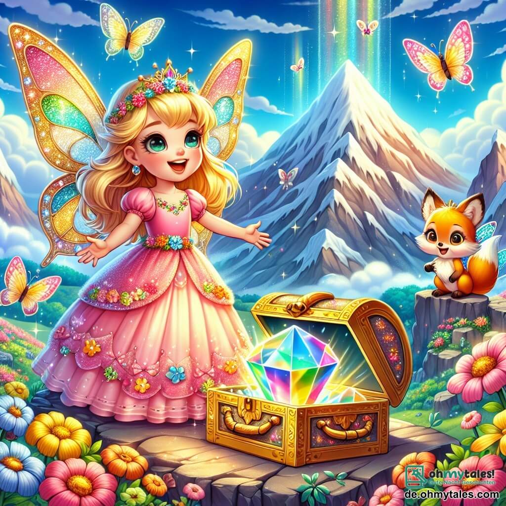 Eine etwa 8-jährige Prinzessin mit goldenem Haar steht auf einem funkelnden Berggipfel. Sie trägt ein rosa Kleid mit bunten Blumen und ihr Gesicht strahlt Freude und Staunen aus. Neben ihr fliegt eine kleine leuchtende Fee, kaum größer als eine Nuss, mit glänzenden Flügeln und silbernem Haar, lächelnd um sie herum. Ein 5-jähriger orangefarbener Fuchs steht neugierig neben der Prinzessin und schaut auf den Schatz vor ihnen. Die Landschaft zeigt einen wunderschönen Berggipfel mit funkelnden Steinen, bunten Blumen zwischen den Felsen und einem strahlend blauen Himmel mit fluffigen weißen Wolken. Die Prinzessin öffnet eine große goldene Schatztruhe und enthüllt ein leuchtendes Kristallherz, das Regenbogenfarben ausstrahlt, während bunte Schmetterlinge um sie herumtanzen und eine magische, fröhliche Atmosphäre schaffen.