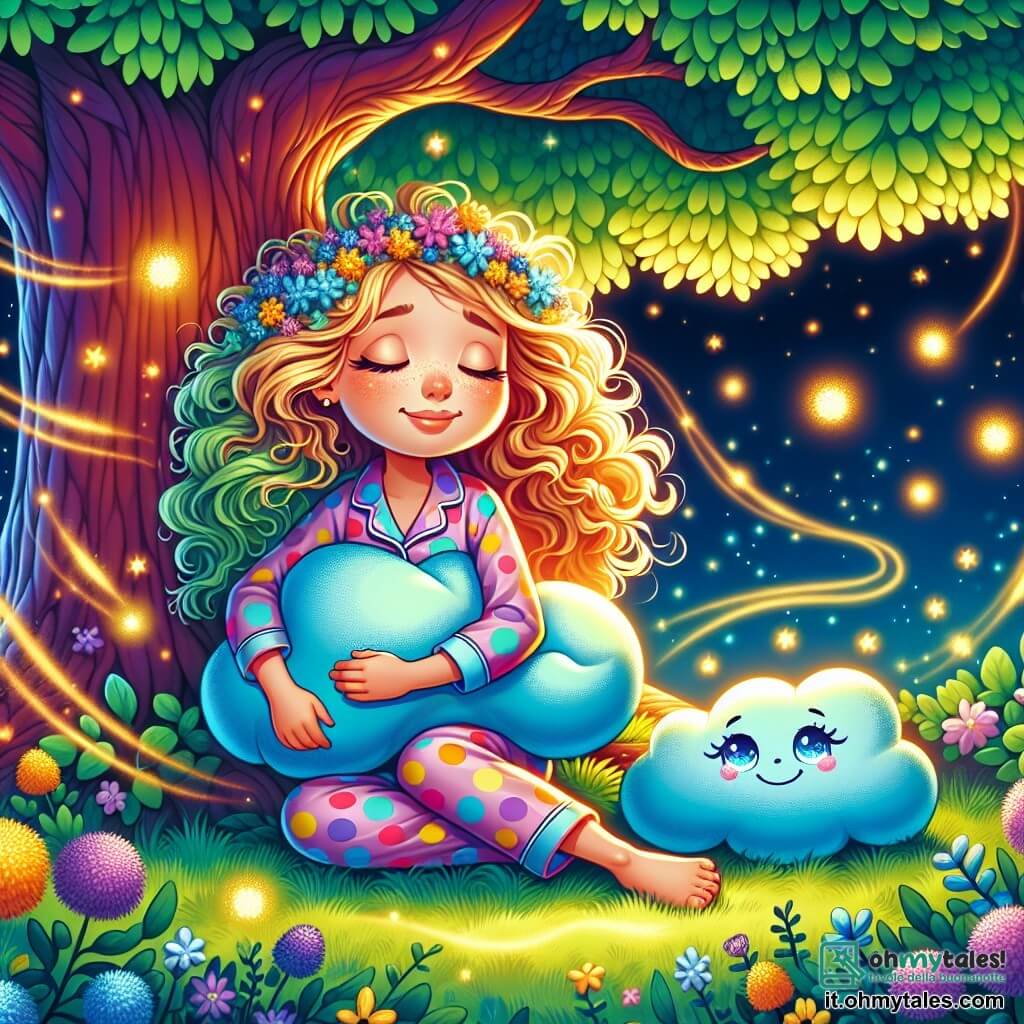 Una ragazza di 10 anni, con i capelli ricci e dorati, è seduta tranquillamente sotto un grande albero dalle foglie verdi brillanti. Il suo viso è sereno e luminoso, con un leggero sorriso che evoca tranquillità. Indossa un pigiama a pois colorati e tiene in grembo un piccolo cuscino blu a forma di nuvola. Accanto a lei, un cuscino sorridente, Mirtillo, è disegnato con occhi scintillanti e un'espressione amichevole. Sembra galleggiare leggermente, come se fosse pieno di dolcezza. Il luogo è un giardino magico, illuminato dalla luce morbida della luna, con lucciole scintillanti nell'aria che illuminano il terreno coperto di muschio verde. Fiori colorati circondano l'albero, aggiungendo tocchi di viola e giallo al paesaggio. La scena principale mostra la ragazza che respira profondamente, gli occhi chiusi, mentre onde di luce dorata la circondano, simboleggiando pace e serenità. Le lucciole danzano attorno a lei, creando un'atmosfera da sogno e di calma.