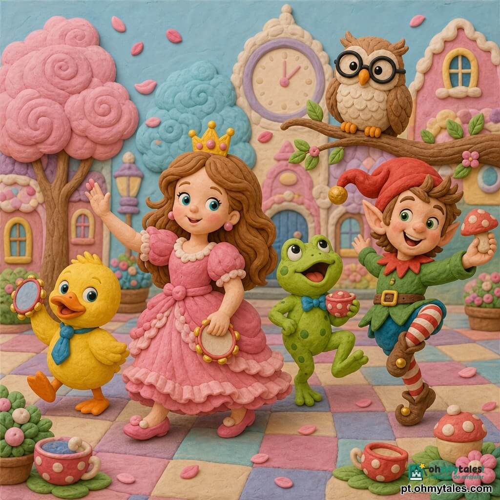 A princesa Lila, menina, sorri ternamente com olhos turquesa, veste um vestido rosa com babados e uma pequena coroa dourada de açúcar, e caminha levantando a mão para guiar o desfile; ao seu lado esquerdo um pato de massa amarelo com gravata azul dá um passo contido; atrás canta e salta um sapo menino verde às pintas, cerca de 6 anos; à direita um duende travesso de ~7 anos com meias listradas e chapéu vermelho faz uma pirueta; uma coruja redonda de óculos pretos pousa num galho baixo acima do cortejo; o cenário é uma praça de vila açucarada com chão xadrez pastel, árvores de algodão doce rosa e azul, casas de bolo com janelas de doce e um grande relógio macio ao fundo; a cena principal é um desfile calmo e alegre de personagens em massa de modelar caminhando lentamente, pétalas-confete flutuando, adereços suaves (minitamborins, xícaras de chá-cogumelo) e expressões de doçura e divertimento; estilo luminoso, texturas visíveis de massa de modelar, cores pastéis vivas, luz quente e sombras suaves.