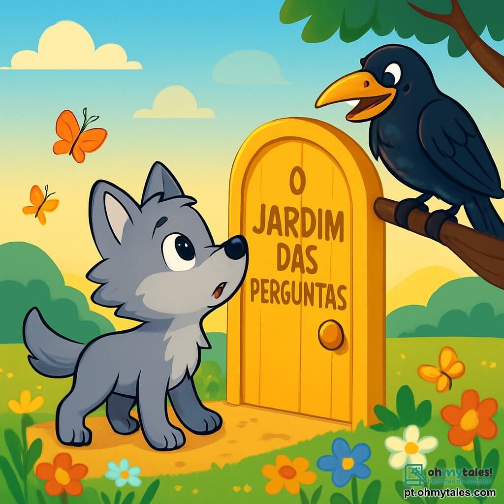 Um pequeno lobo chamado Luno, com pelagem cinza macia e olhos brilhantes de curiosidade, está diante de uma porta dourada misteriosa, com uma expressão maravilhada e intrigada. Ele fareja o ar fresco, com as orelhas em pé, pronto para descobrir o que está por trás da porta. Ao seu lado, um velho corvo com penas negras brilhantes, com um olhar sábio e travesso, empoleira-se em um galho, observando Luno com um sorriso cúmplice. O corvo parece divertido, seus olhos brilham de malícia enquanto se prepara para guiar o pequeno lobo. O cenário é um campo florido, salpicado de flores coloridas e borboletas, com a luz dourada do sol poente iluminando a paisagem. Ao fundo, colinas suaves se desenham sob um céu azul com nuvens fofas. A cena principal mostra Luno hesitando diante da porta dourada, seu coração batendo de excitação, enquanto o corvo lhe sussurra palavras de sabedoria, convidando-o a entrar no Jardim das Perguntas.