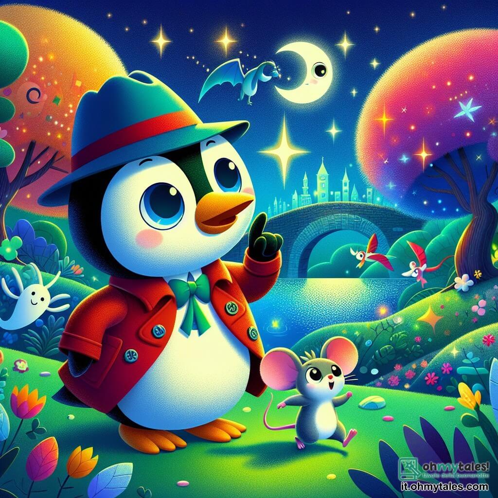 Un pinguino detective di nome Pipo, con un piccolo cappello blu e una giacca rossa, si trova al centro della scena, con uno sguardo determinato e curioso. Il suo naso brilla di un verde luminoso. Accanto a lui, un piccolo topo di nome Tino, con grandi occhi rotondi e un'espressione di eccitazione, guarda verso il cielo, con le zampe sollevate come se stesse indicando qualcosa di importante. Sono in un parco incantato, con alberi dalle foglie multicolori e fiori cantanti. La scena principale mostra Pipo e Tino mentre cercano la luna scomparsa, circondati da draghi di cartone, creando un'atmosfera magica di amicizia e avventura sotto un cielo stellato.