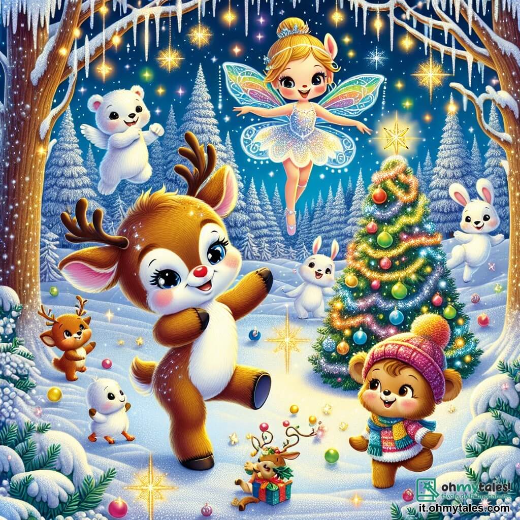 Pippo, una piccola renna con un naso colorato arcobaleno, è al centro dell'immagine, con gli occhi scintillanti di gioia e un grande sorriso. Danza felicemente in una radura innevata, circondato da fiocchi di neve che cadono dolcemente. Accanto a lui c'è Stella, la piccola fata della luce, con ali brillanti e un vestito scintillante, che sorride mentre tiene una stella luminosa in mano. Fluttua leggermente sopra il suolo, illuminando la scena con la sua dolce luce dorata. Sullo sfondo, un gruppo di animali della foresta, come un orsetto con un cappello rosso e un coniglio dalle grandi orecchie, decorano un albero di Natale con ghirlande di ghiaccio e ornamenti colorati, tutti esprimendo felicità ed entusiasmo. Il luogo è un incantevole boschetto, con alberi coperti di neve scintillante e un cielo stellato che brilla sopra, creando un'atmosfera magica e festosa. La scena principale mostra Pippo e Stella che celebrano insieme la magia del Natale, circondati dai loro amici animali, condividendo risate e gioia in un'atmosfera calda e luminosa.