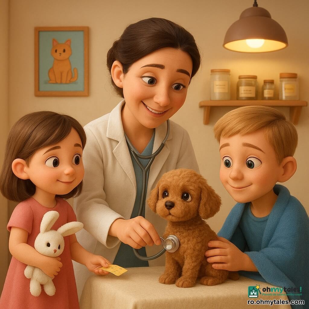 O femeie veterinară binevoitoare, vreo patruzeci de ani, păr șaten prins, halat alb, ascultă calm cu un stetoscop un cățel mic numit Pufi, cu blană crețoasă brun deschis, aflat pe o masă de examinare acoperită cu o cuvertură crem; o fetiță de circa 5 ani, cu păr brun până la umeri și rochiță roz, ține un iepuraș de pluș și îi întinde un plasture galben cu steluțe, iar un băiat de vreo 8 ani, cu păr blond scurt, ține în brațe o pătură albastră și mângâie liniștit Pufi; scena are loc într-o clinică veterinară mică și caldă, cu pereți crem, postere vesele, rafturi din lemn și lumină caldă, atmosfera fiind de compasiune și reconfort, culori pastel și expresii clare, ușor de înțeles pentru copii.
