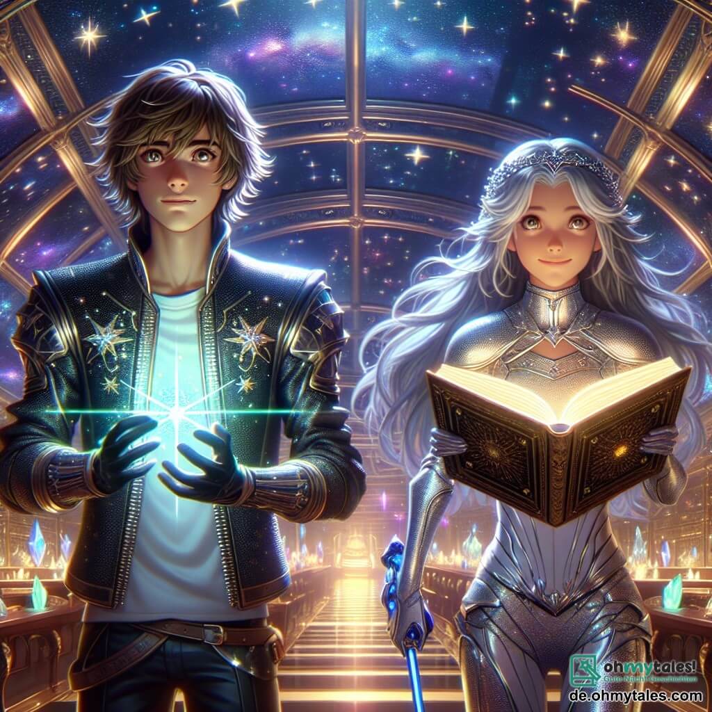 Im Zentrum des Bildes steht Leo, ein junger Mann von etwa 20 Jahren, mit einem entschlossenen Ausdruck im Gesicht. Er hat unordentliche braune Haare, neugierige, funkelnde Augen und trägt einen schimmernden Raumanzug mit sternenförmigen Mustern. In seinen Händen hält er ein leuchtendes Buch, dessen Seiten sanft strahlen, während er mit Staunen um sich blickt. Neben ihm steht Aria, ein 18-jähriges Mädchen, stolz. Sie hat lange silberne Haare, die leicht in der Luft wehen, und trägt eine glänzende leichte Rüstung. Ihr Saphirschwert ist erhoben, bereit Leo zu verteidigen, und sie zeigt ein selbstbewusstes Lächeln, bereit für das Abenteuer. Der Hintergrund ist eine riesige Halle der alten Raumstation Arcasta, deren Metallwände mit leuchtenden Mosaiken von Sternbildern geschmückt sind. Schwebende Kristalle erhellen den Raum mit sanftem, buntem Licht und schaffen eine magische, geheimnisvolle Atmosphäre. Die Hauptsituation zeigt Leo, der die Macht des Buches der Sterne entdeckt, während Lichtstrahlen aus seinen Seiten strömen und den Raum erhellen. Aria steht bereit, ihre Entdeckung zu verteidigen, während sich alte Maschinen um sie herum zu erwecken beginnen und von der Magie zeugen, die an diesem vergessenen Ort erwacht.