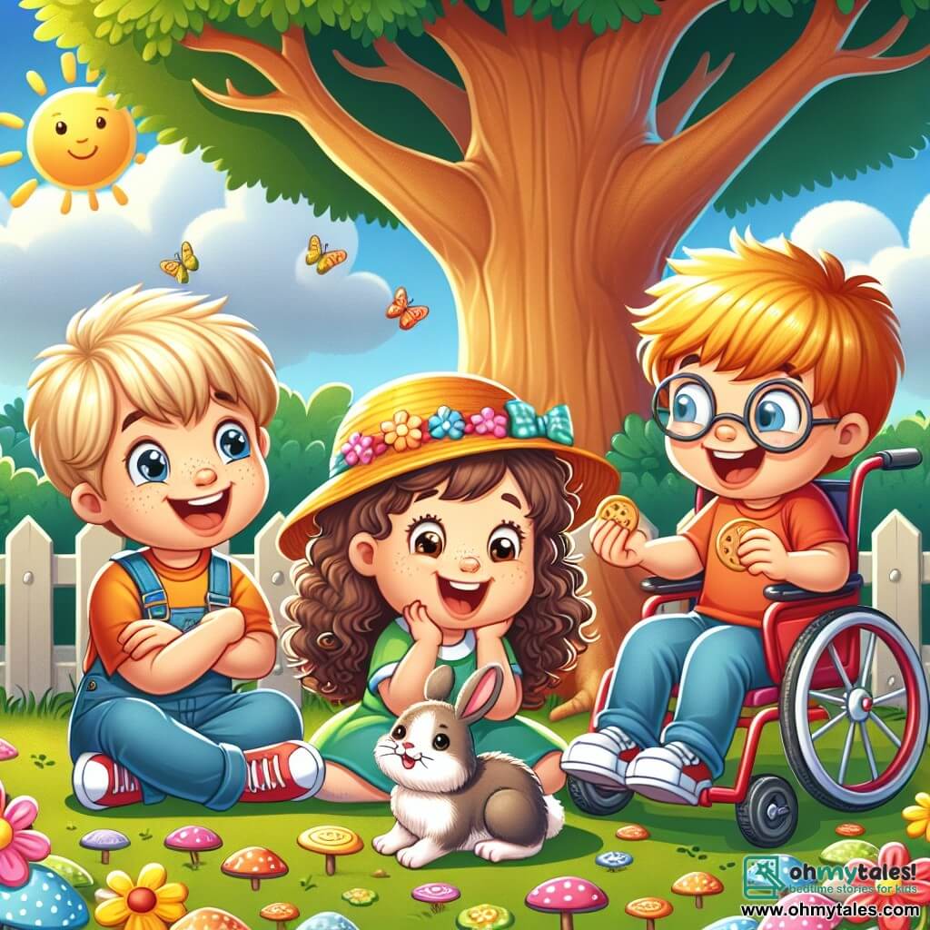 In a sunny garden, three friends are gathered. Max, an 8-year-old boy with blonde hair and sparkling blue eyes, stands on the left with his arms crossed and a big smile. To his right, Lily, a 7-year-old girl with curly hair and a colorful hat, looks in amazement at a small rabbit. Finally, Sam, a 9-year-old boy in a red wheelchair, is on the right, laughing joyfully and offering a cookie to the rabbit. The garden is filled with colorful flowers and scattered toys, with a large tree in the background providing shade. The scene shows the friends sharing cookies with a curious little rabbit approaching them, creating a joyful and friendly atmosphere.