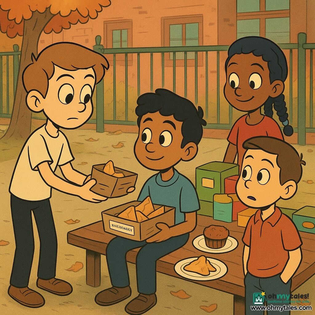 12-year-old Eli — attentive, determined face, light brown hair, tall and thin, offering a small box of pancake skewers to a classmate beside a wooden bench; about 12-year-old Amir (South Asian) — light brown skin, wavy black hair, shy relieved smile, holding an open box of samosas with an ingredient label, seated next to Eli on the bench; about 12-year-old Tyler (likely white) — hesitant expression, short hair, hands in pockets, standing opposite the table, jaw slightly surprised and curious; about 12-year-old Jada (Black) — dark skin, beaded braids, encouraging look, standing behind the table smiling and protective; schoolyard setting with a worn green gate, wooden bench, folding table with colorful snack boxes, fallen leaves, red-brick school buildings and soft afternoon light; mini food-exchange picnic atmosphere of sharing and curiosity, children tasting small portions on paper plates, warm, calm mood and contrasting textures and colors of the food (golden pancakes, crispy samosas, brown muffins).