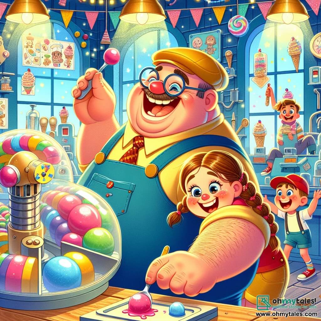 A cheerful man, Mr. Bumble, with a round belly and sliding glasses on his nose, wears a blue overall and a yellow hat. He smiles broadly, his eyes sparkling with excitement, as he points to a large colorful button on an ice cream machine. Next to him, an 8-year-old girl, Mia, with long brown braided hair, laughs while holding a spoonful of pink ice cream. A 7-year-old boy, Timmy, wearing a red cap, joyfully dances with his arms in the air near the machine. The scene takes place in a bright and lively workshop filled with sparkling tools, colorful sketches on the walls, and strange gadgets. At the center is a giant ice cream machine, adorned with bright lights and candy decorations, overflowing with delicious scoops of ice cream. In this main situation, Mr. Bumble and the children celebrate the success of their invention, laughing and dancing around the working ice cream machine, creating a joyful and festive atmosphere.