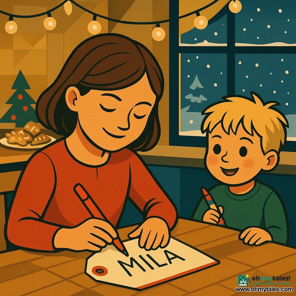 A 10-year-old girl, Mila, with brown hair and sparkling eyes, is sitting at a table, focused and smiling, carefully writing her name on a gift tag. Next to her, her 6-year-old brother Theo, a boy with tousled blond hair, watches admiringly, holding a colorful marker. They are in a cozy kitchen, decorated with string lights and Christmas cookies on the counter. Through the window, snow is gently falling, covering the garden with a glistening white blanket. The main scene shows Mila, full of pride and determination, successfully writing her name legibly, a moment of personal triumph in a festive and magical atmosphere.