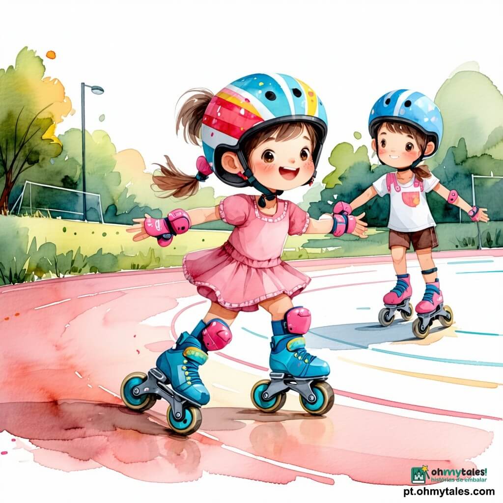 Uma menina de 10 anos, Leonor, rosto redondo, cabelo castanho-claro preso em rabo, confiante e sorridente, com capacete colorido, joelheiras rosa e patins azuis, completando a volta na pista com braços abertos; outra menina de 10 anos, Sara, cabelo curto preto, sorriso encorajador, segura a mão direita de Leonor e patina ao lado, ligeiramente atrás; um menino de ~10 anos, Tomás, cabelo despenteado, camiseta vermelha, um pouco mais adiante fez uma pirueta desajeitada e ri, sentado perto de uma almofada de proteção após uma queda leve; a professora Cátia, cerca de 40 anos, cabelo grisalho-azulado em coque, colete laranja, agachada na beira da pista aplaudindo e incentivando, perto de Leonor; cena numa pista de roller lisa e brilhante, chão creme com reflexos prateados e bordas com almofadas azuis, ao lado de um parque com céu pastel, árvores e bancos de madeira, confetes de luz e sugestão de cheiro de pipoca por pequenas fumacinhas amarelas; situação principal: Leonor no último giro, postura orgulhosa e relaxada, pernas levemente flexionadas, pequena nuvem de poeira sob as rodas, crianças a observam admiradas, ambiente suave, alegre e em movimento.