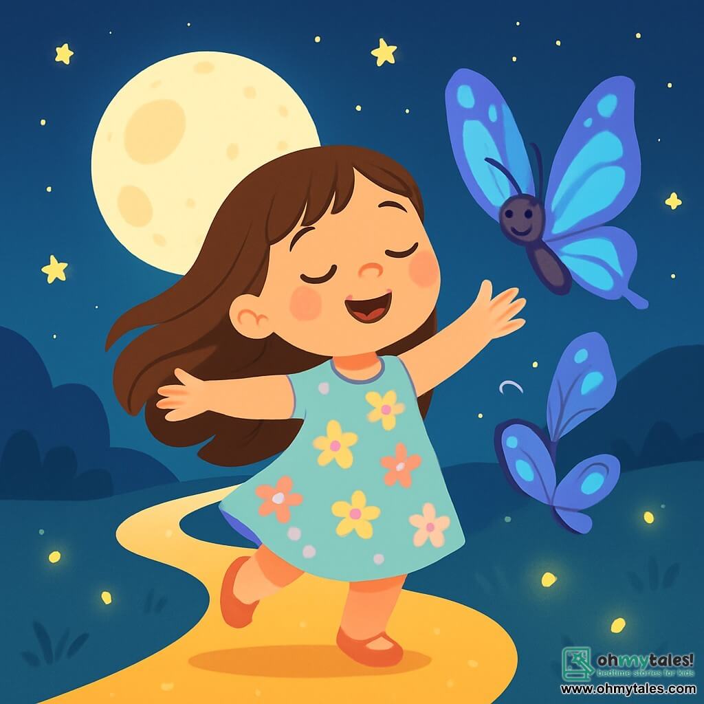 A 4-year-old girl with long brown hair and sparkling eyes joyfully dances on a magical path. She wears a light pastel-colored dress adorned with floral patterns. Her face reflects joy and serenity as she takes a deep breath with her arms open to the starry sky. Next to her, a beautiful luminous butterfly with shimmering blue and purple wings gracefully flies, as if inviting her to dance. It appears happy and friendly, adding a touch of magic to the scene. In the background, the large, gentle moon shines with a silvery light, enveloping the path in its soothing glow. The path is lined with small fireflies that illuminate the darkness, creating a fairy-tale and tranquil atmosphere. The main scene shows the girl and the butterfly dancing together under the moon, surrounded by light and softness, symbolizing a moment of calm and happiness before falling asleep.
