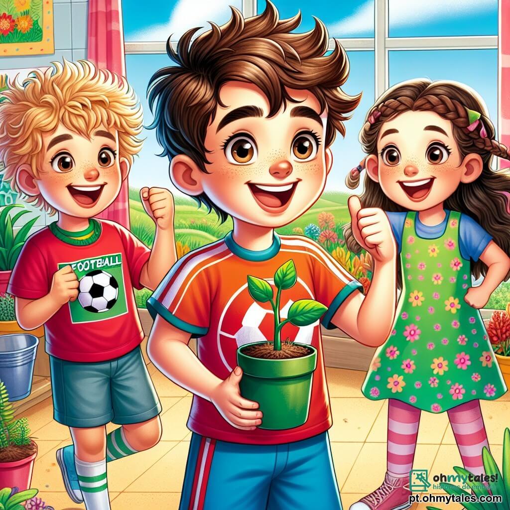 Um menino de 10 anos, chamado Pedro, está no centro da imagem, com um grande sorriso e olhos brilhantes de excitação. Ele tem cabelos castanhos ligeiramente ondulados, usa uma camiseta vermelha com um logo de futebol e um short azul. Pedro segura um pequeno vaso de terra com uma planta verde começando a crescer, simbolizando seu entusiasmo pelo jardinagem. À sua direita, Lucas, outro menino de 10 anos com cabelos loiros bagunçados e uma camiseta verde, o encoraja com um polegar para cima. Ele tem um rosto amigável e está pulando no lugar, cheio de energia. À esquerda, Ana, uma menina de 10 anos com longos cabelos castanhos trançados, usa um vestido florido. Ela sorri e segura um livro sobre plantas, pronta para compartilhar informações com seus amigos. O cenário é uma sala de aula iluminada, com paredes decoradas com desenhos de crianças e janelas que deixam entrar a luz do sol. Mesas de madeira estão dispostas ao redor, e vasos de flores estão nas janelas, adicionando um toque de verde ao ambiente. A situação principal mostra Pedro, Lucas e Ana apresentando seu projeto sobre plantas para os colegas de classe, com cartazes coloridos ao fundo. A atmosfera é alegre e colaborativa, cheia de entusiasmo e camaradagem, ilustrando o espírito de aprendizado e amizade na escola.