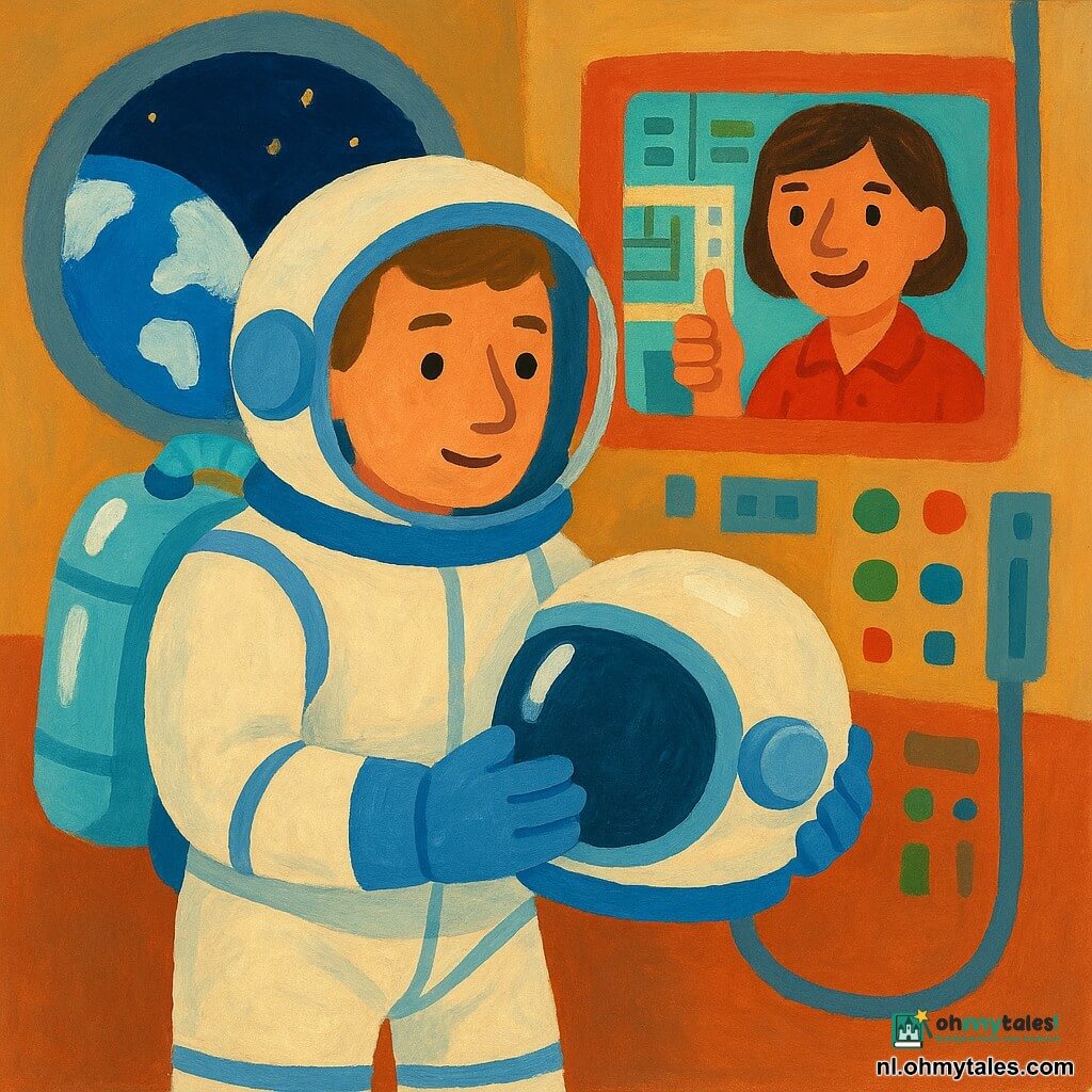 Een volwassen mannelijke astronaut, kalm en geconcentreerd, met een zacht gezicht zichtbaar achter een licht opgezet vizier, draagt een wit-blauw ruimtepak met nette naden, gewatteerde handschoenen en een glanzend zuurstoftankje op de rug en houdt zijn helm in zijn handen; op een scherm achter hem verschijnt een glimlachende vrouwelijke ingenieur van ongeveer 30 jaar met kort kastanjebruin haar en een rood poloshirt die vanuit de zichtbaar achtergrond controleruimte duim omhoog toont; het decor is het gezellige interieur van een ruimteschip met kleurige bedieningspanelen, ronde verlichte knoppen, keurig opgeborgen kabels en een groot rond raam dat de blauwe-witte aarde tegen de sterren toont; hoofdactie: de astronaut controleert zachtjes zijn helm voor de lancering in een rustige, aandachtige sfeer met warm licht op metalen oppervlakken, gouache-accenten, zachte contouren en eenvoudige vormen geschikt voor peuters.