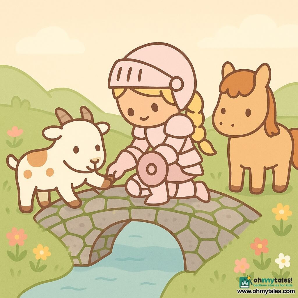 A smiling but focused female knight in pale pink gleaming light armor with a small round shield and braided blond hair gently lowers her head and uses her hands to free a goat's hoof stuck between stones on an old mossy gray stone bridge; a light brown pony named Pip stands beside her with ears forward, calm gaze and a softly swishing tail; the sturdy white goat with brown patches looks relieved; a slow blue river flows below, green hills and colorful wildflowers surround them under a soft pastel sky; a tender, peaceful moment with gentle gestures, warm secure atmosphere, simple clear composition, pastel colors, rounded shapes and clean outlines.