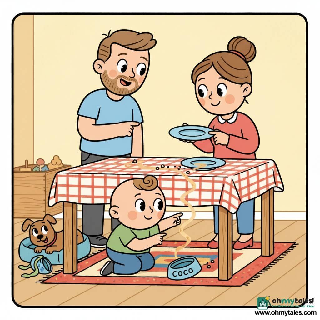 A 2-year-old boy with a round face and light brown tufted hair, big bright eyes and a curious joyful expression, crouching and pointing at a small trail of crumbs and juice on the table; a mother about 32 with brown hair in a bun and a gentle smile stands to the right holding an empty blue plate and watching him; a father about 34 with a short haircut and light beard stands left behind the boy, smiling and pointing at the dog bed; a small brown dog named Coco with a wet nose and almond-shaped eyes lies in its bed beside an overturned blue bowl and some green peels; warm kitchen with soft yellow light, light wooden table with a red checkered cloth, colorful rug under the table and a wooden toy box in the background; main scene shows the little investigation as the boy follows a thin trail from the empty bowl to the dog’s bed, playful caring atmosphere, bright colors, rounded shapes and simple silhouettes.