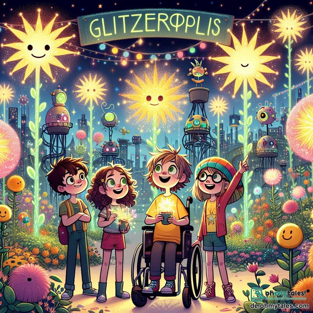 In einem magischen Garten von Glitzeropolis stehen vier Kinder zusammen. Max, ein 10-jähriger Junge mit zerzausten braunen Haaren und einem großen Lächeln, schaut staunend auf die leuchtenden Pflanzen. Neben ihm zeigt Mia, ein 9-jähriges Mädchen mit lockigem Haar und einem gelben T-Shirt mit einer Sonne, auf eine funkelnde Blume. Lukas, ein 11-jähriger Junge im Rollstuhl mit runden Brillen und neugierigem Blick, beobachtet die tanzenden Roboter um sie herum. Schließlich hält Emily, ein 10-jähriges Mädchen mit glattem Haar und einem bunten Hut, einen kleinen Blumentopf mit einem strahlenden Lächeln in der Hand, bereit, eine der magischen Samen zu pflanzen. Der Garten ist ein bezaubernder Ort, gefüllt mit Pflanzen in leuchtenden Farben, die wie Sterne funkeln. Sternenförmige Blumen schweben in der Luft, und kleine runde Roboter mit lächelnden Gesichtern tanzen fröhlich um die Kinder. Der Himmel ist strahlend blau, und Regenbögen funkeln in der Ferne. Die Kinder entdecken die magischen Pflanzen, die Wünsche erfüllen können, lachen und haben Spaß zusammen, bereit, die Samen zu pflanzen, die sie erhalten haben, um ihre futuristische Stadt noch heller erstrahlen zu lassen.