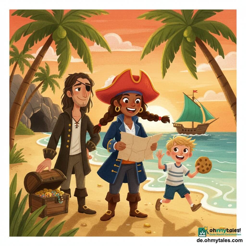Die Protagonistin ist die Piratenkapitänin Jule, mutig und lächelnd, mit großem rotem Hut, marineblauer Jacke mit goldenen Knöpfen, braunen Zöpfen und einer zerknitterten Pergament-Schatzkarte in den Händen, neben ihr der etwa siebenjährige Max, energiegeladen und staunend, blond zerzaust, mit einem Keks in der Hand, und Finn, ca. 30–35, schlank, mit leicht zerzaustem braunem Haar und Augenklappe, halb lächelnd, die Hand auf einer kleinen offenen Holzkiste, alles an einem tropischen Strand bei Sonnenuntergang (goldener Sand, Palmen, sanfte Wellen, dunkler Höhleneingang, ein grünes Segelschiff nahe dem Ufer), warme Atmosphäre, gesättigte Farben, runde Formen und gouacheartige Textur.