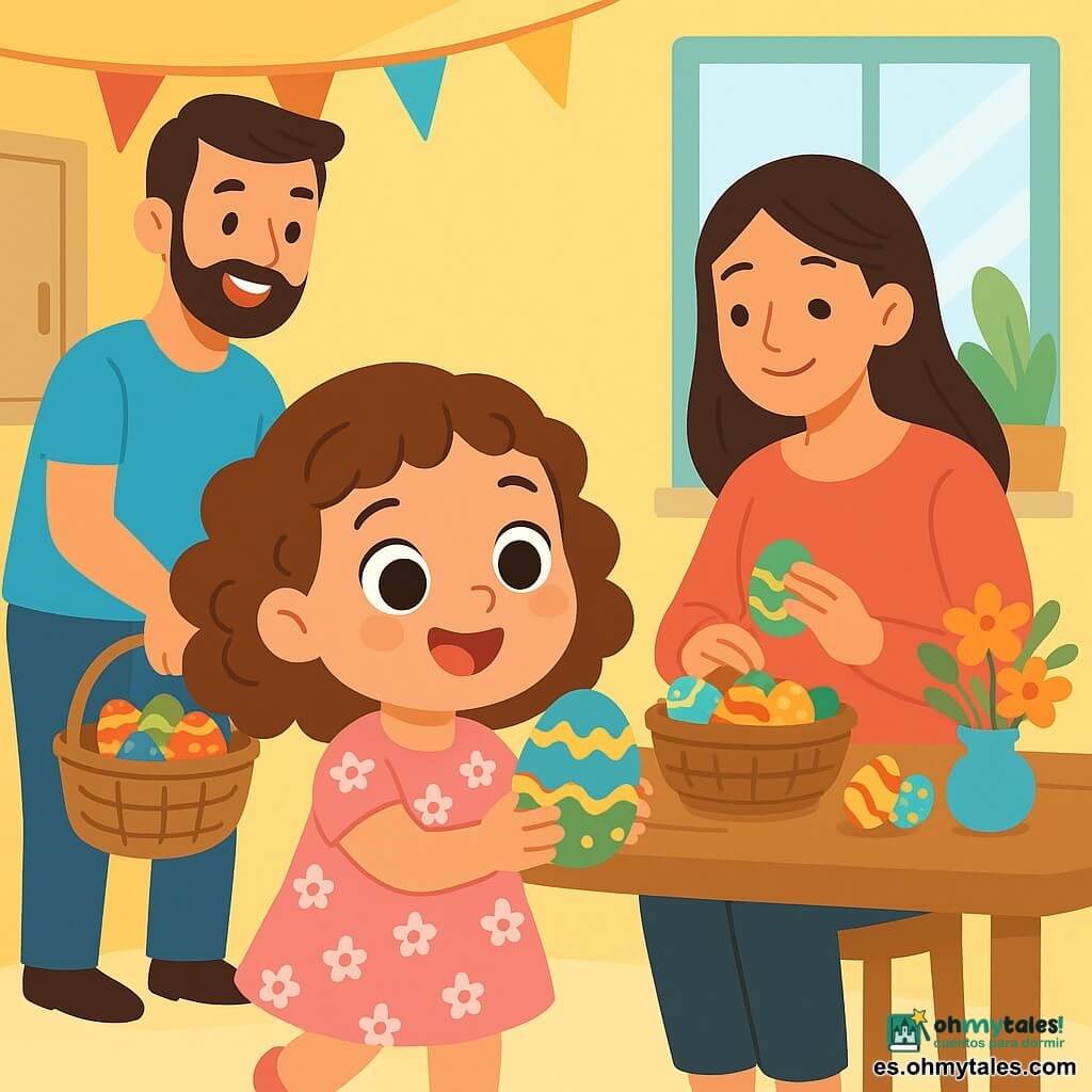 Una niña de 2 años, Lucía, con grandes ojos brillantes y cabello rizado castaño, sonríe alegremente sosteniendo un huevo de Pascua colorido en sus manos. Lleva un bonito vestido rosa con flores y zapatillas suaves. A su lado, su mamá, una mujer sonriente de unos 30 años con cabello largo y liso, prepara huevos decorados en la mesa, rodeada de guirnaldas coloridas. Su papá, un hombre de unos treinta años con una ligera barba y una camiseta azul, está sacando una cesta llena de huevos de chocolate del armario. La escena tiene lugar en una cocina luminosa con paredes amarillas soleadas, una gran ventana que deja entrar la luz del día y una mesa de madera adornada con flores frescas. Lucía, llena de emoción, descubre los huevos de Pascua coloridos en la mesa, lista para comenzar una mágica búsqueda de huevos en la casa.