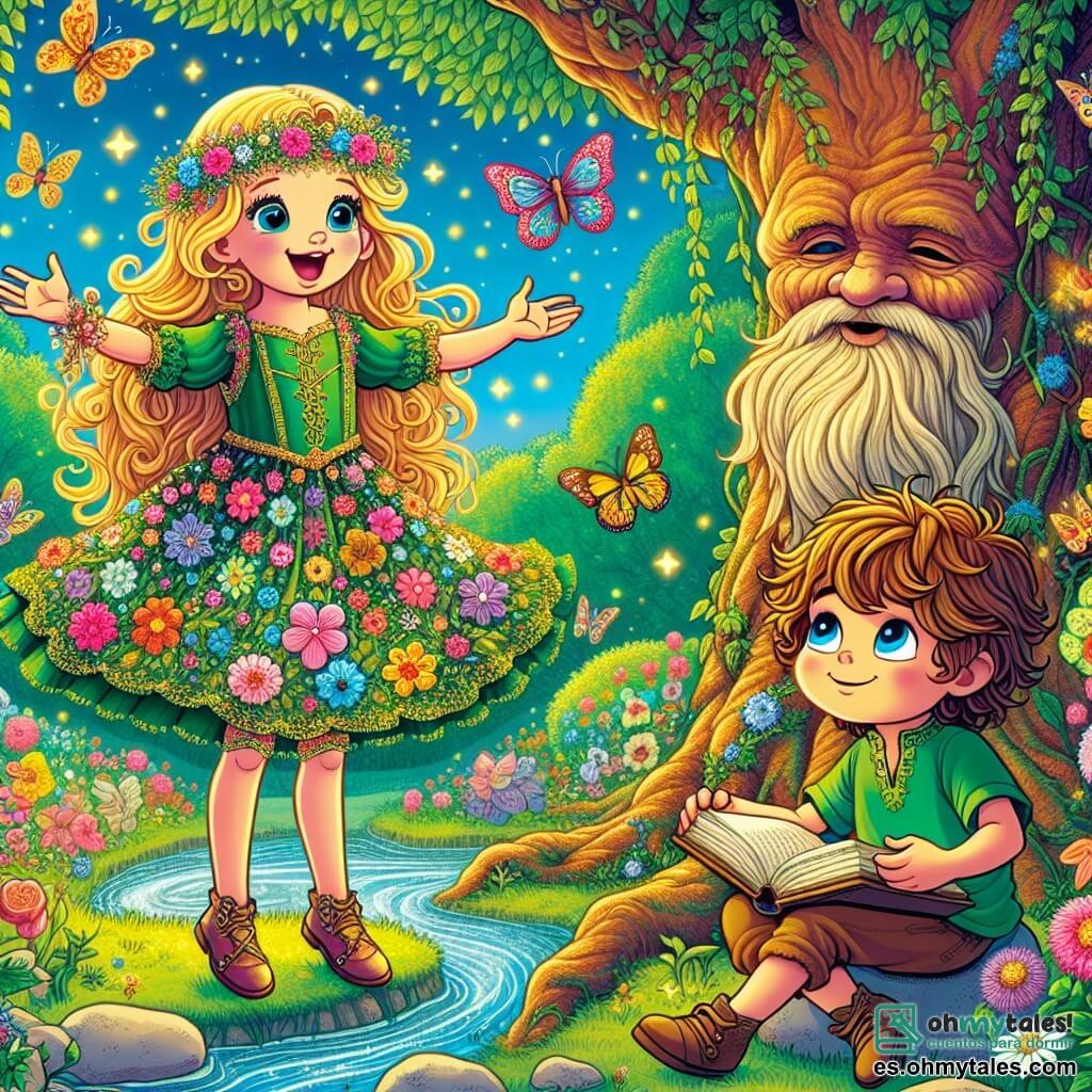 Hay dos personajes principales: 1. **Sofía**, una niña de 8 años, con cabello dorado como el sol, vestida con un vestido colorido adornado con flores. Está de pie, con los brazos abiertos, maravillada por la belleza del jardín. 2. **Lucas**, un niño de 8 años, con ojos azules brillantes y cabello castaño desordenado, vestido con una camiseta verde y un pantalón corto. Está sentado en una piedra, sosteniendo un libro abierto, mirando atentamente a Sofía con una sonrisa curiosa. El lugar es un jardín mágico, lleno de flores brillantes de todos los colores, con mariposas danzando y un pequeño arroyo brillante que serpentea entre las plantas. En el centro, un árbol antiguo, majestuoso y sabio, con una corteza rugosa y una cara amigable, parece escuchar a los niños. La situación principal muestra a Sofía y Lucas escuchando atentamente los consejos del gran árbol, que les habla sobre los valores de la amistad, la verdad y la libertad, mientras rayos de sol filtran a través de las hojas, creando una atmósfera cálida y encantada.