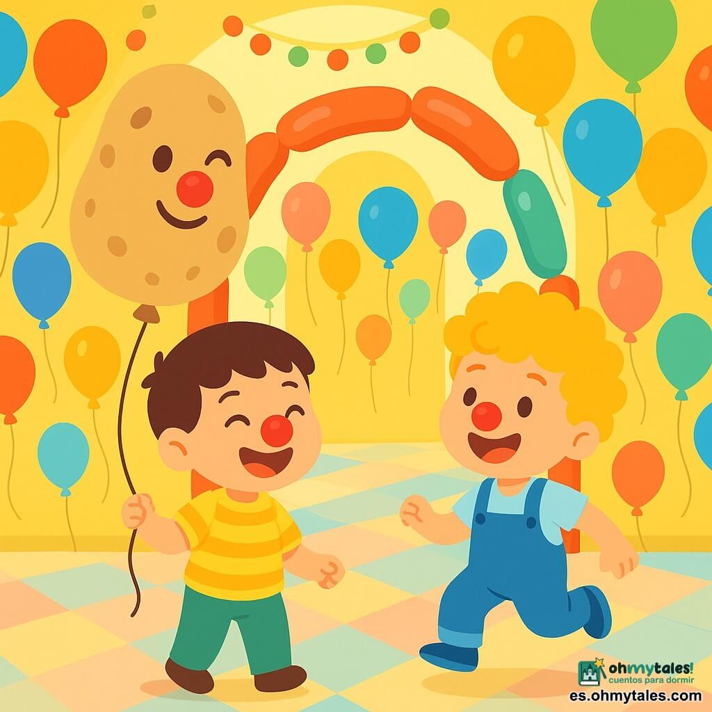 Hay tres personajes: Leo, niño de unos 3 años y medio, pelo corto castaño, ojos redondos, camisa amarilla a rayas y una pequeña nariz de payaso roja, a la izquierda riendo y sujetando un hilo de globo; Bruno, niño de similar edad, pelo rubio rizado, peto azul, sonrisa amplia, a la derecha saltando ligeramente y mirando a Leo, también con una nariz de payaso roja; y un gran globo-patata antropomorfo beige con manchas marrones, un ojo guiñando y una cuerda como brazo, que flota detrás señalando con su cordón un arco de globos. Lugar: un atrio lleno de cientos de globos flotantes, suelo tipo tablero pastel que parece rebotar, luz cálida amarilla y guirnaldas de puntos además de "salchichas" de globos formando un arco. Situación: los dos niños ríen juntos delante de una puerta-arco hecha de globos en forma de salchicha que se abre suavemente; ambiente absurdo y jocoso, colores vivos, texturas lisas, formas redondeadas e hinchadas, expresión alegre y curiosa.
