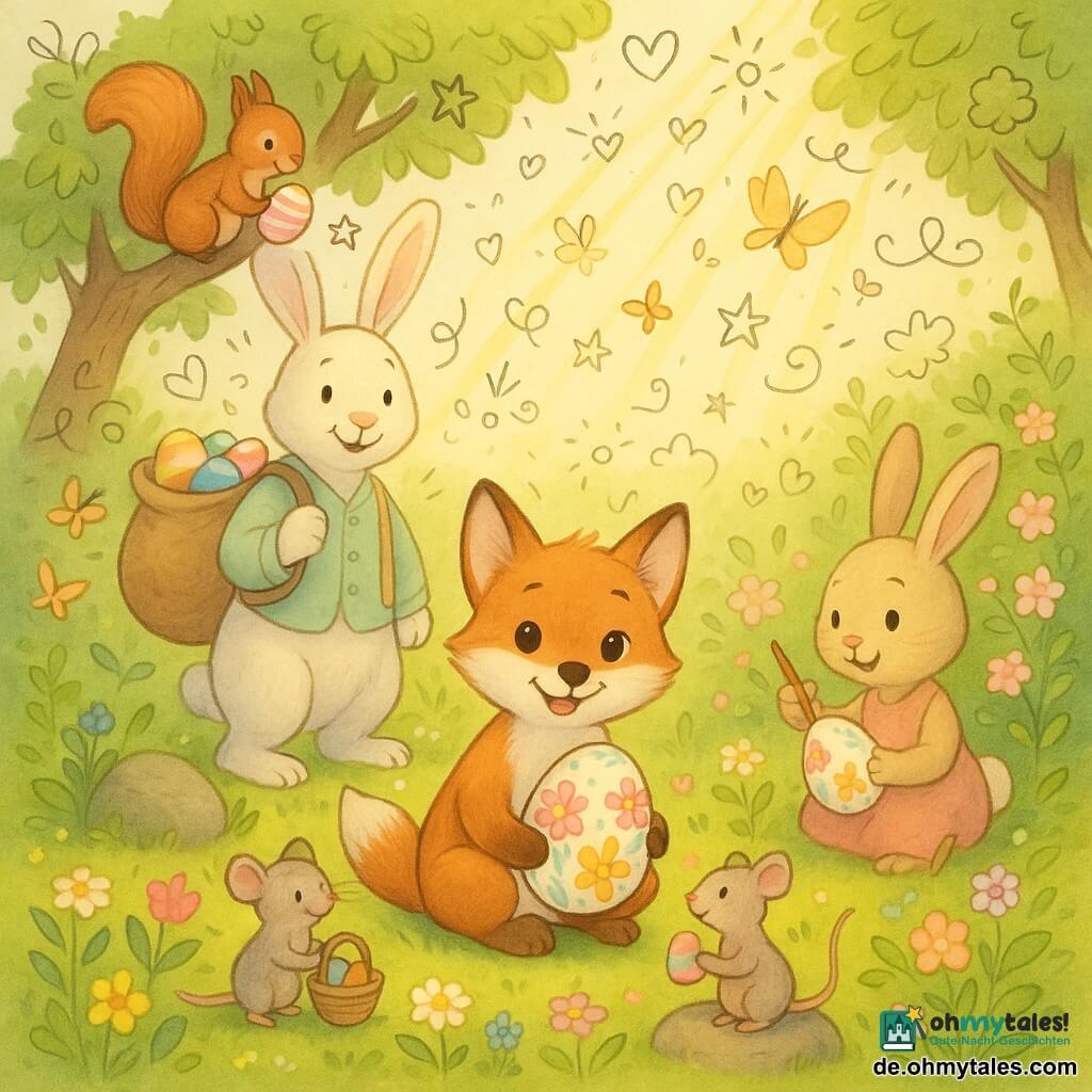 Die Hauptfigur ist der kleine rote Fuchs Felix, fröhlich und neugierig, hockt in der Mitte und hält ein großes, mit Blumen bemaltes Ei, hinter ihm links steht freundlich der lächelnde weiße Osterhase in pastellfarbener Weste mit einem Sack voller bunter Eier, rechts nahe einem blühenden Busch sitzt die konzentrierte kleine beige Häsin Lotte mit Pinsel und bemaltem Blümchen‑Ei, oben links auf einem Ast hockt der schelmische rote Eichhörnchen Max mit einem gestreiften Ei, vorn auf einem Stein sitzt die fröhliche graue Maus Mia mit einem Minikorb voller Eier; Schauplatz ist eine frühlingshafte Lichtung mit grünem Gras, bunten Blumen, Bäumen, goldenen Sonnenstrahlen, einigen Steinen, Büschen und Schmetterlingen, Szene: Freunde verstecken und suchen Ostereier am sonnigen Nachmittag, helle fröhliche Stimmung, kräftige Farben, kindgerechte, zentrale Komposition mit spielerischen Doodle‑Überlagerungen (Herzen, Sterne, Pfeile).