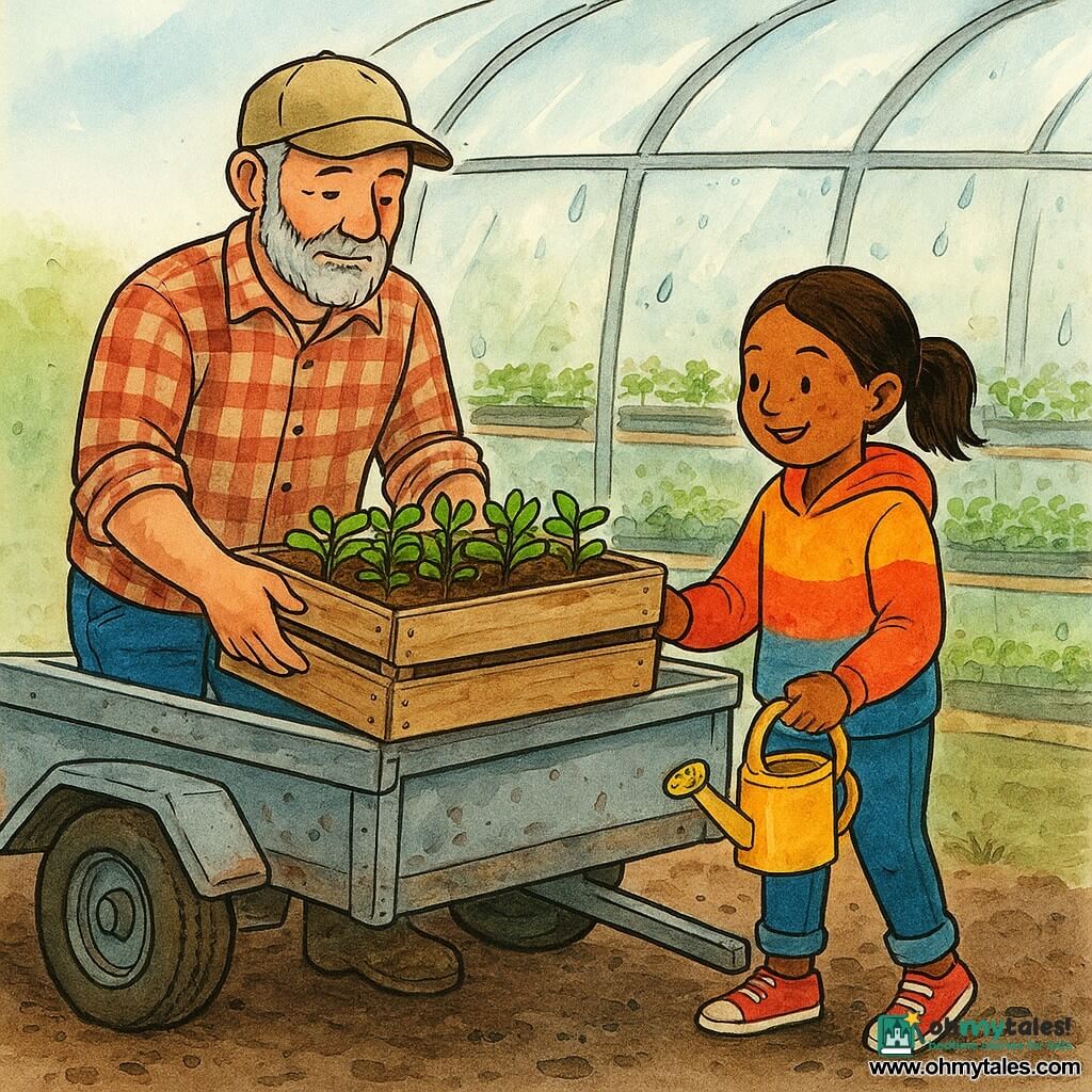 A fiftyish bearded farmer with soft wrinkles, calm expression, canvas cap, plaid shirt and muddy boots gently lifts a crate of seedlings beside a gray metal trailer; Mia, about nine, hair in a ponytail, dirt-smudged face and focused smile, wearing a colorful sweatshirt and sneakers and holding a small watering can, stands to his right helping place the plants in a translucent plastic greenhouse softly lit inside, with rows of trays of young shoots, droplets on the walls and a dark wet floor; the trailer has worn wooden boards, slightly muddy wheels and a visible hitch; the scene captures their cooperation as they load and move crates of compost and plants from the trailer into the greenhouse with precise gestures and a quiet, caring working atmosphere.