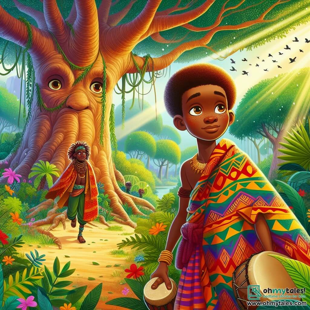 Kofi, an 18-year-old man with warm brown skin and curly hair, wears a colorful African-patterned wrap. His face shows courageous determination, with bright eyes and a confident smile. He stands in the center of a forest, holding a carved wooden drum in one hand and a water gourd in the other, ready to venture down a mysterious path. Next to him, a majestic old baobab with wide leafy branches seems to listen attentively, its thick roots surrounding Kofi as if encouraging him to move forward. In the background, colorful birds fly in the sky, adding life to the scene. The dense forest allows sunlight to filter through the green foliage, creating bright patterns on the ground. Vibrant flowers and lush ferns surround Kofi, while the distant sound of a river can be heard. The main situation shows Kofi, hesitant yet resolute, facing a path that splits into three directions, each shimmering with mysterious light. He prepares to choose his path, determined to uncover the secret troubling the harmony of his village.