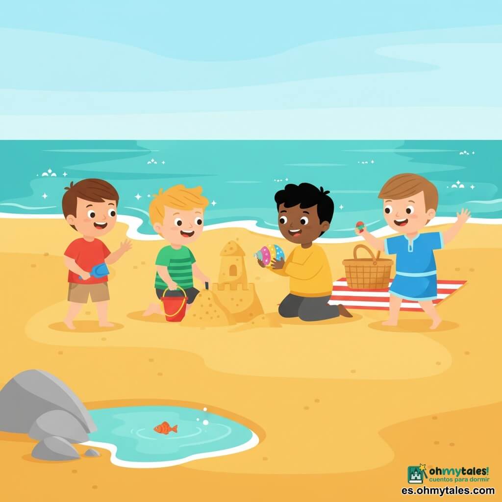 Hay cuatro niños de 4 años en una playa de arena dorada junto al mar turquesa: un niño de cabello corto castaño con camiseta roja y pantalón corto beige sostiene una pala azul a la izquierda y mira al mar; un niño rubio despeinado con camiseta verde a rayas sostiene un cubo rojo al centro-izquierda y sonríe mientras cava; un niño de cabello negro con sudadera amarilla arrodillado al centro-derecha muestra una concha colorida; un niño castaño con túnica corta azul sostiene una piedra pintada a la derecha y gesticula contando una historia; juntos construyen una torre de arena, buscan y comparten conchas riendo; hay rocas grises con una charca donde se ve un pez naranja, una toalla a rayas y una cesta de mimbre detrás, cielo claro con pocas nubes y luz cálida de la tarde creando una atmósfera alegre.