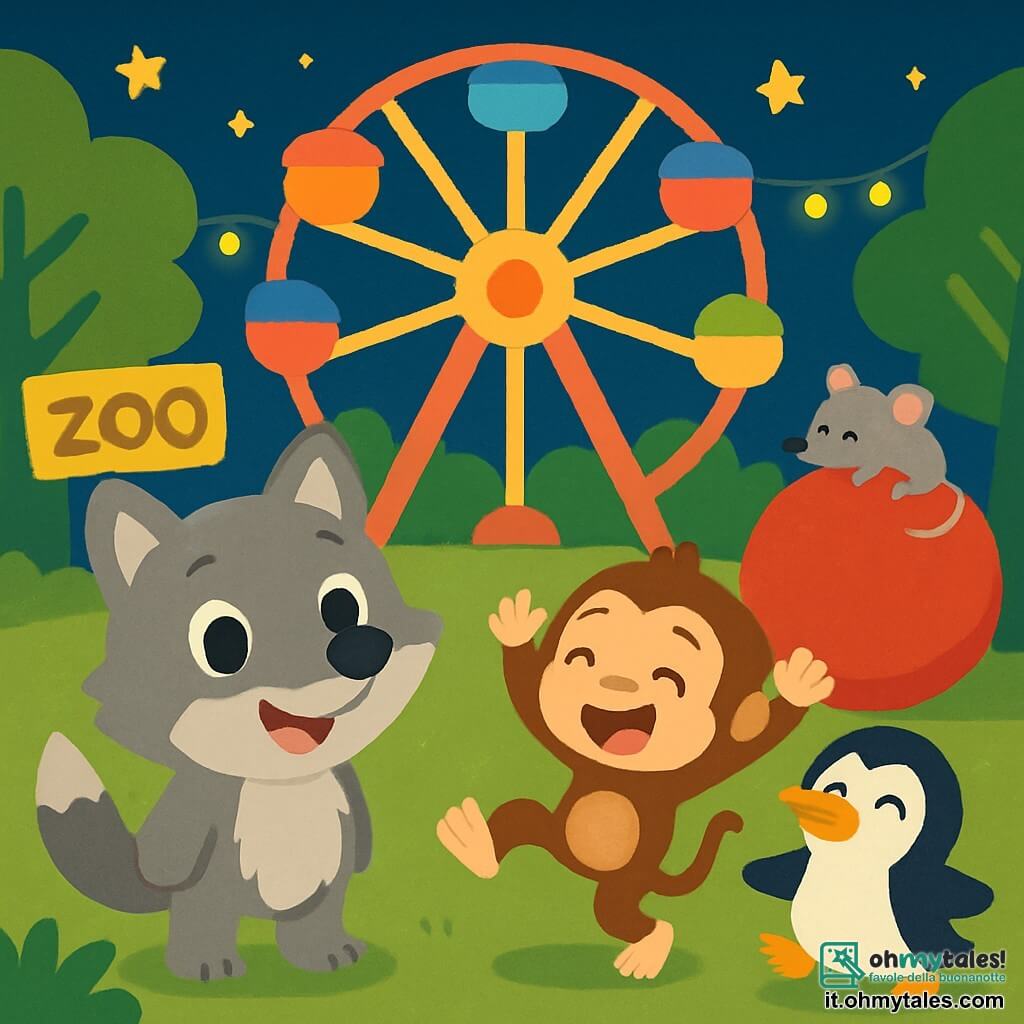 Un lupo di nome Leo, con un pelo grigio morbido e occhi brillanti di curiosità, si trova felicemente davanti a una grande ruota colorata, con un sorriso radioso sul volto. Accanto a lui, una piccola scimmia di nome Mimi, con un pelo marrone e occhi maliziosi, salta ridendo, le braccia alzate verso il cielo. Un pinguino di nome Pipo, con un ventre bianco e un becco arancione, scivola sul ghiaccio nelle vicinanze, ridendo con entusiasmo. Il luogo è uno zoo magico, pieno di colori vivaci, con alberi verdi lussureggianti e luci scintillanti nella notte stellata. La scena mostra Leo e i suoi amici che scoprono una grande palla rossa nascosta dietro la ruota, mentre un piccolo topo di nome Tom, con un pelo grigio e orecchie appuntite, dorme pacificamente sopra di essa. Gli animali sono tutti riuniti in un'atmosfera gioiosa e divertente, pronti a risolvere il mistero della palla rossa.