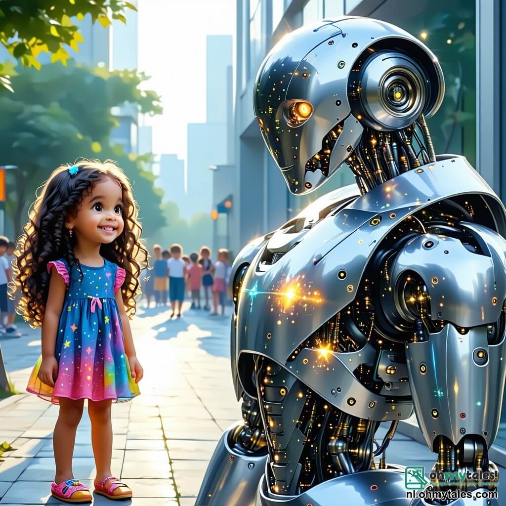 Een 6-jarig meisje, Lila, met lange krullende haren en sprankelende nieuwsgierige ogen, staat voor een grote glanzende machine in het Technologiepark. Ze draagt een kleurrijke jurk met sterrenpatronen en een grote glimlach op haar gezicht, die haar opwinding laat zien. Naast haar staat Robo, een vriendelijke humanoïde robot met een zilveren metalen lichaam en knipperende lichten op zijn borst. Hij heeft een blije en aanmoedigende uitdrukking en houdt een bord met fonkelende sterren vast. Het Technologiepark is een magische plek, vol futuristische machines, kleurrijke hologrammen en interactieve spellen, met spiraalvormige bomen en paden van gloeiende stenen. De lucht is helderblauw, bezaaid met wattenachtige wolken. Lila en Robo staan voor de machine die felle lichten uitstraalt, terwijl Lila enthousiast op een knop drukt, klaar om de uitdaging van de machine aan te gaan en te leren terwijl ze plezier heeft.