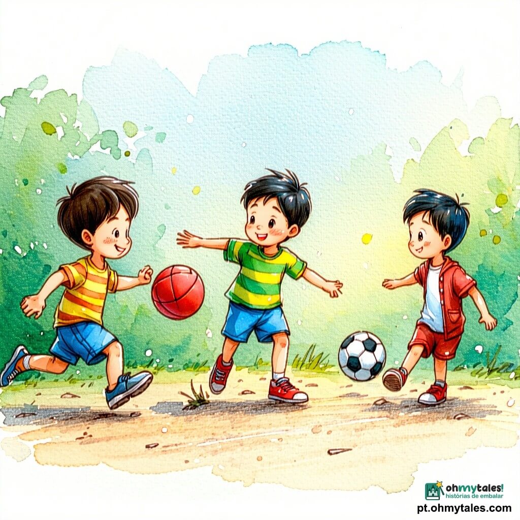 Três amigos num parque ensolarado: João, 6 anos, cabelo castanho curto, camisola amarela às riscas e calções azuis, corre à esquerda com uma bola pequena vermelha e sorri; Pedro, 7 anos, cabelo preto desgrenhado, t-shirt verde e ténis vermelhos, está ao centro pronto para chutar; Lucas, 6 anos autista, cabelo loiro claro em corte tigela, casaco azul-claro, sentado à direita num banco com um grande caderno azul coberto de autocolantes, olha os amigos com um sorriso calmo; jogam à bola perto do banco, os outros o encorajam sorrindo; ambiente acolhedor, cores vivas e traços suaves.