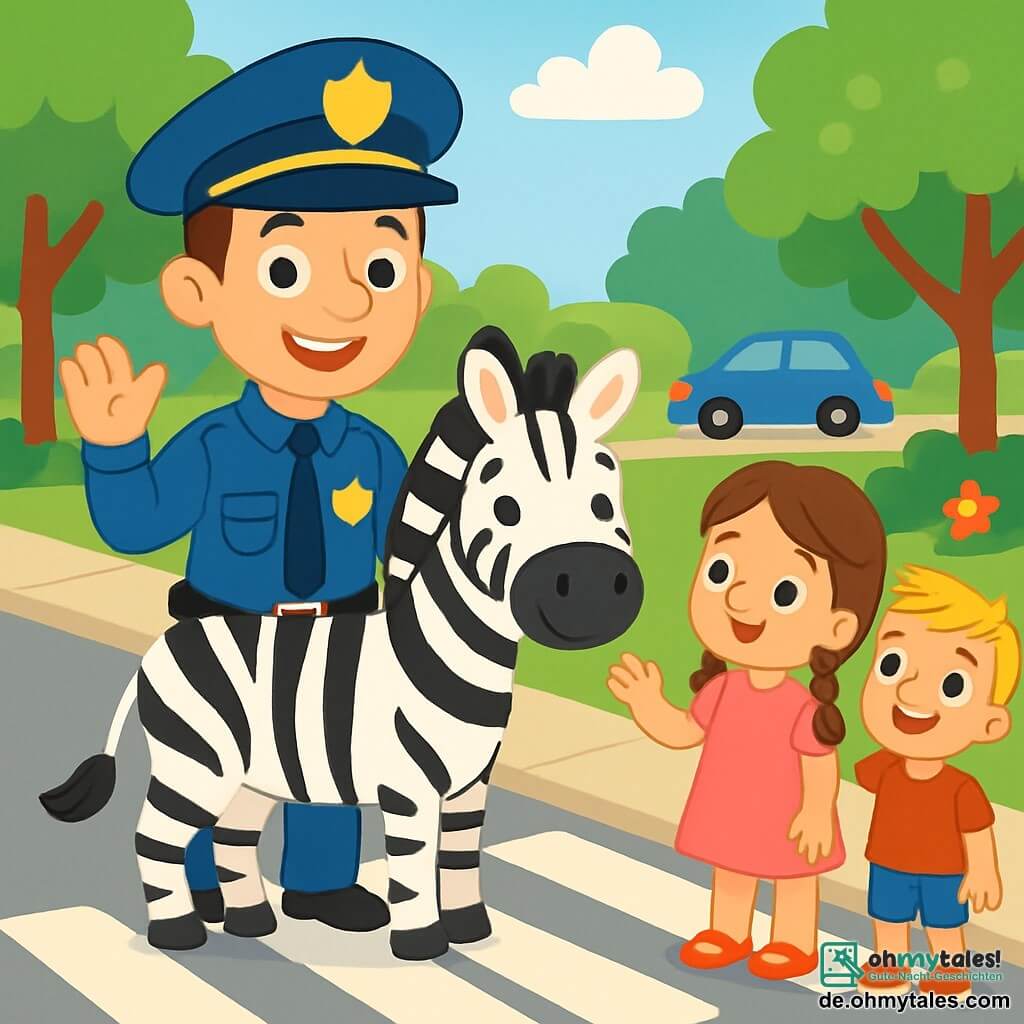 Ein lächelnder Polizist, ein Mann in den Dreißigern, trägt eine leuchtend blaue Uniform mit einem großen Hut. Sein Gesicht ist fröhlich, mit funkelnden Augen und einem breiten Lächeln. Er steht neben einem schwarz-weißen Zebra und ist bereit, Kindern beim Überqueren der Straße zu helfen. Neben ihm steht Mia, ein 6-jähriges Mädchen mit braunen geflochtenen Haaren, das ein rosa Kleid und Sandalen trägt. Sie schaut den Polizisten bewundernd an. Leo, ein 7-jähriger Junge mit blonden Haaren, steht neben ihr, trägt ein rotes T-Shirt und eine blaue Shorts, lächelt und hebt die Hand, um den Polizisten zu grüßen. Die Szene spielt sich auf einem sonnigen Bürgersteig ab, mit grünen Bäumen und bunten Blumen im Hintergrund. Man sieht eine ruhige Straße mit einigen geparkten Autos und einem vorbeigehenden Zebra. Der Polizist erklärt den Kindern, wie sie sicher die Straße überqueren, indem er ihnen zeigt, wie sie nach links und rechts schauen sollen. Die Atmosphäre ist fröhlich und freundlich, voller lebendiger Farben und Lächeln.