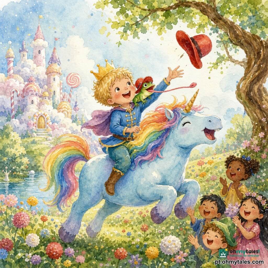O príncipe, cerca de 6 anos, cabelo curto e loiro, com pequena coroa amarela e sorriso, sentado nas costas da unicórnio azul-pastel de crina arco-íris, estende o braço por um chapéu; uma pequena rã verde e brilhante, de grande chapéu vermelho, está no ombro do príncipe pronta para pegá-lo; ao fundo um jardim encantado diante de um castelo de nuvens e doces, chão de relva com flores, um lago à esquerda e uma árvore de tronco torto à direita; a cena mostra o chapéu caindo do galho, o príncipe e a rã esticando-se e a unicórnio empinando-se, todos rindo em movimento alegre.