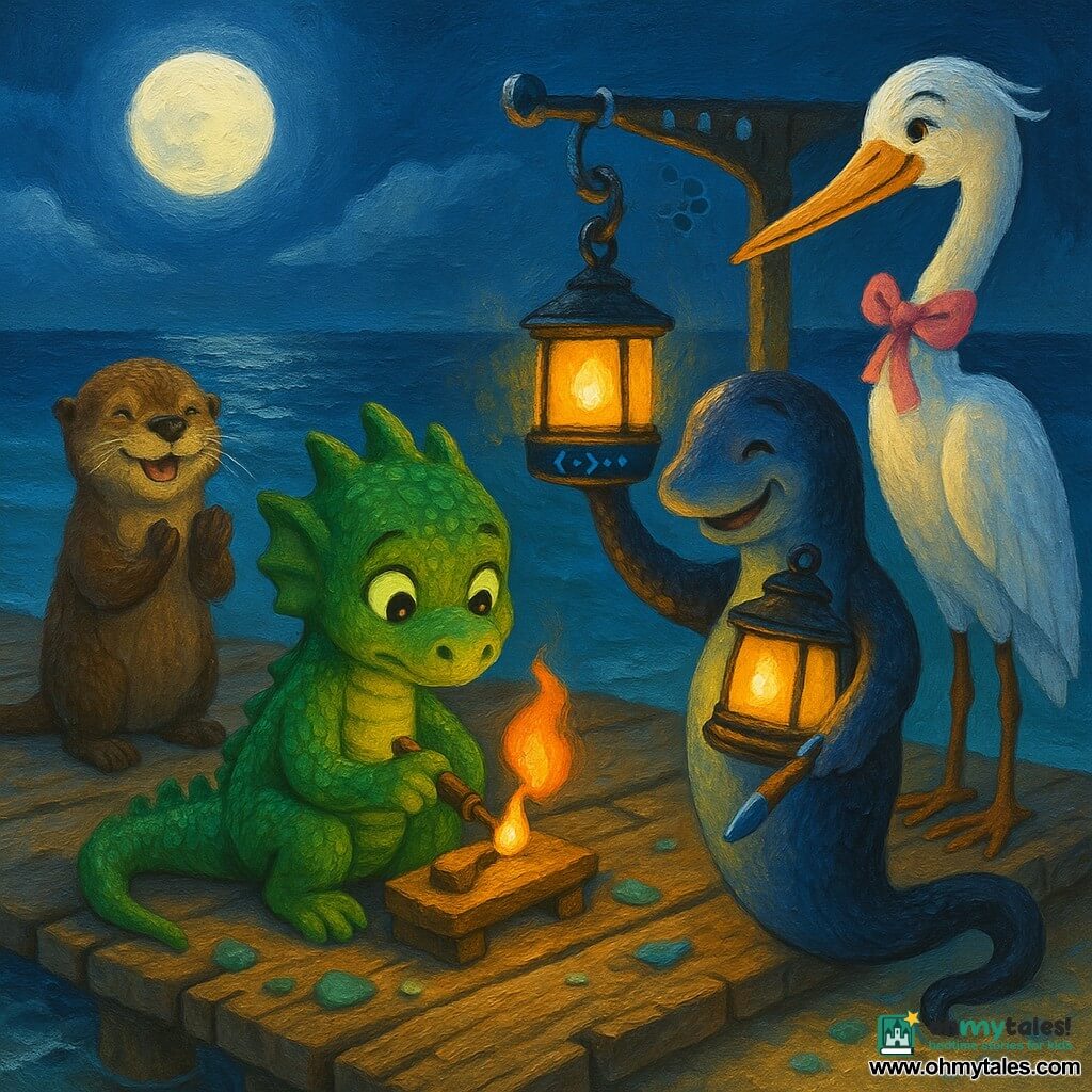 Pip, a small friendly dragon with shiny green scales and curious eyes, sits on a weathered wooden dock holding a small wooden tool and a short flame to heat glass, focused; Mira, an anthropomorphic bioluminescent eel with glossy blue-black skin and a tired but relieved expression, stands nearby holding a repaired lantern and a blue brush as she hangs another lantern; Ollie, a joyful otter with wet brown fur, claps from the left edge of the dock, smiling at Pip and Mira; Mrs. Heron, a tall egret with a pink ribbon on her beak, stands to the right, wings folded and watching kindly; the old sea-worn dock has cracked planks, metal hooks with faded blue "three dots–dash–two dots" paint, wet sand and scattered sea glass, gentle silver waves and a night sky with a pale moon; the scene shows a calm lantern repair under moonlight with one lantern lit in warm yellow-orange, visible brushstrokes and thick acrylic texture, contrasting cold moonlight and warm lantern glow.