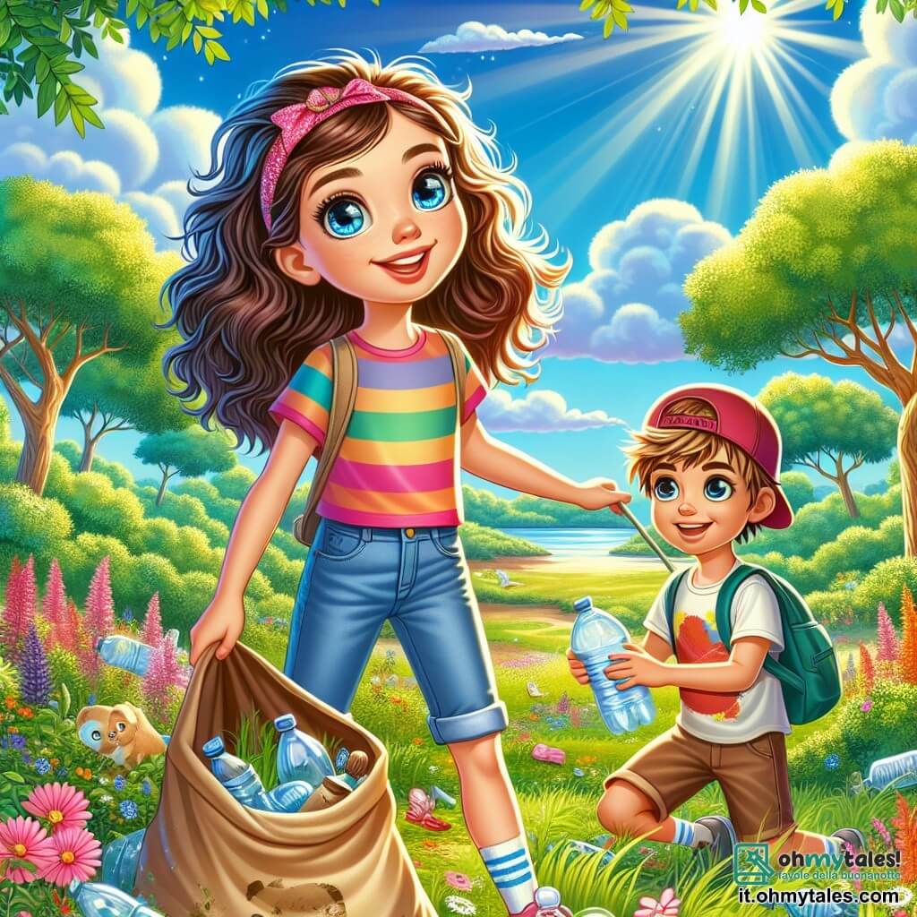 Una ragazza di 12 anni, Sofia, con lunghi capelli ricci e occhi pieni di curiosità, si trova al centro di un prato verde, con un grande sorriso sul volto. Indossa una maglietta colorata e un pantaloncino di jeans, tenendo una borsa di tela piena di rifiuti riciclabili che ha appena raccolto. Accanto a lei, il suo amico Luca, un ragazzo di 11 anni con capelli castani arruffati e un cappellino, la aiuta a raccogliere rifiuti, tenendo un bicchiere di plastica in mano. Sullo sfondo si vedono alberi maestosi con foglie brillanti, fiori colorati sparsi sul terreno e un cielo blu luminoso punteggiato di nuvole bianche e soffici. La scena trasmette un'atmosfera gioiosa e dinamica, illustrando il momento in cui Sofia e Luca si impegnano insieme in una missione di pulizia della natura, circondati dalla bellezza della riserva naturale.