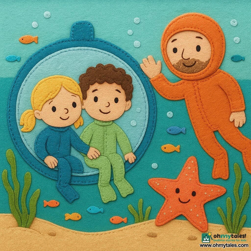 Four characters in a soft, bright underwater scene: Mia, 4, blonde pigtails, curious, in a bright blue wetsuit sitting left in a round glass bubble boat holding Leo’s hand; Leo, 4, curly brown hair, smiling, in a light green wetsuit sitting right looking out; a friendly adult diver with a round face and short beard in an orange suit waving outside the porthole; and a sparkling coral-colored starfish with five pointed glittery arms on the sand appearing to wink and guide them. The transparent bubble boat gently descends over cream sand, turquoise water, swaying green seaweed, pearl-like fish, and rising bubbles. Style: textile flats with visible seams, felt and stitched fabric textures, bright simple shapes for 4-year-olds.
