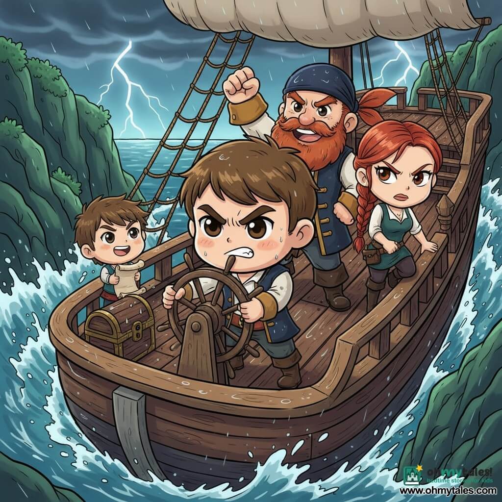 Milo is a young adult with a round expressive face, large determined eyes and short rain‑slicked brown hair, gripping the ship's wheel with a tense but brave posture, furrowed brows and a set mouth; Captain Brine is a stocky man around 50 with a thick red beard, wide smile and mischievous eyes, standing behind Milo on deck with a raised fist, energetic and confident; Saffron is about 28, red hair in a braid, sharp eyes and a firm jaw, kneeling on the rail next to Milo ready to give an order; Bo is a small enthusiastic twelve‑year‑old with messy hair clutching a wet parchment by the chest near a chest, looking admiringly at Milo. The setting is an old wooden ship deck with wet pulleys and ropes, a rough green‑blue sea with foamy waves and a crescent reef ahead, dark cliffs in the background and a dramatic stormy sky. The main scene shows the ship straining through a narrow tooth‑like reef passage with splashes, distant thunder, contrasting light from lightning and wet reflections on wood; the mood is tense but heroic. Visual style: saturated colors, sharp outlines, chibi proportions (big heads, small bodies), strong wood and water textures, visible raindrops and exaggerated readable expressions for children.